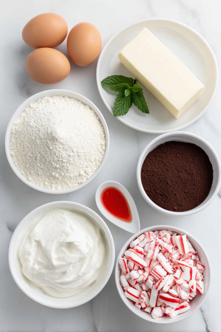 Flat lay of a small heap of fresh almond flour, a small mound of powdered sugar on a simple white ceramic plate, three whole uncracked brown eggs, a small white ceramic bowl of granulated sugar, a tiny dollop of bright red gel food coloring on a white ceramic spoon-shaped dish, a few fresh peppermint leaves beside a small white bowl of clear peppermint extract, a slab of unsalted butter on white ceramic plate, a small white ceramic bowl filled with unsweetened cocoa powder, a small white ceramic bowl of heavy whipping cream, and a small white ceramic bowl overflowing with crushed candy canes, all arranged with perfect symmetry on a clean white marble surface, soft natural light, photo taken with an iPhone, professional food photography style, fresh ingredients, white ceramic bowls, no bottles, no duplicates, no utensils, no packaging --ar 2:3 --v 7 --p m7354615311229779997
