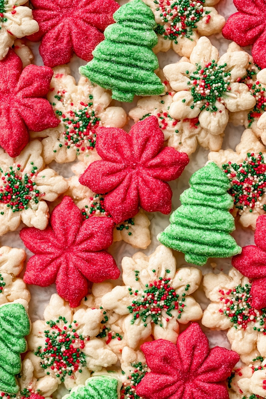 A white plate holds several colorful cookies shaped like Christmas trees and flowers, arranged closely together. The cookies have two distinct colors: bright green shaped like Christmas trees sprinkled with dark green sugar crystals, and red both in flower shapes with red sugar crystals and cream-colored flowers decorated with red and green sprinkles. The cookies have a soft, slightly textured surface and look thick and puffy. In the background, there is a glass of milk on a white marbled surface. Photo taken with an iphone --ar 2:3 --v 7