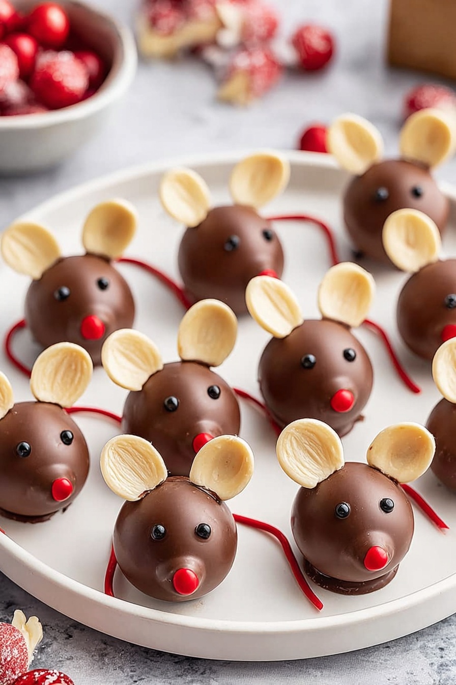 A white round plate holds ten small chocolate mice arranged close together. Each mouse has two layers: a larger smooth chocolate ball for the body and a smaller chocolate ball for the head, attached in front. Two almond slices are placed on the top of the head as ears, showing their light beige color and slightly rough texture. Tiny black dots form the eyes on the front of the head, and a small red candy forms the nose at the tip of the head. A thin red string sticks out the back side of each mouse, acting as the tail. The plate is set on a white marbled surface with scattered candy and wrapping in the background. Photo taken with an iphone --ar 2:3 --v 7