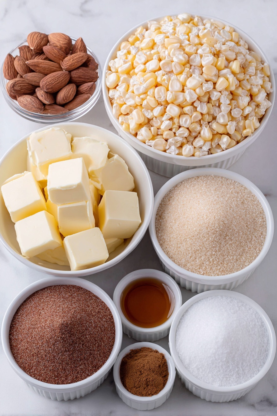 Flat lay of a large mound of freshly popped white popcorn kernels with a slight yellow tint, a small white ceramic bowl filled with pale golden vegetable oil, a small white ceramic bowl holding slivered almonds, a neat rectangular slab of unsalted butter with a smooth surface, a small white ceramic bowl overflowing with packed dark brown sugar, a small white ceramic bowl containing glossy light amber corn syrup, a small white ceramic bowl with fine cinnamon powder, a small white ceramic bowl with pale ginger powder, a small white ceramic bowl of rich dark allspice powder, a small white ceramic bowl with deep brown ground cloves, a small white ceramic bowl holding fine white baking soda, and a small white ceramic bowl with clear golden vanilla extract placed on a clean white marble surface, soft natural light, photo taken with an iPhone, professional food photography style, fresh ingredients, white ceramic bowls, no bottles, no duplicates, no utensils, no packaging --ar 2:3 --v 7 --p m7354615311229779997