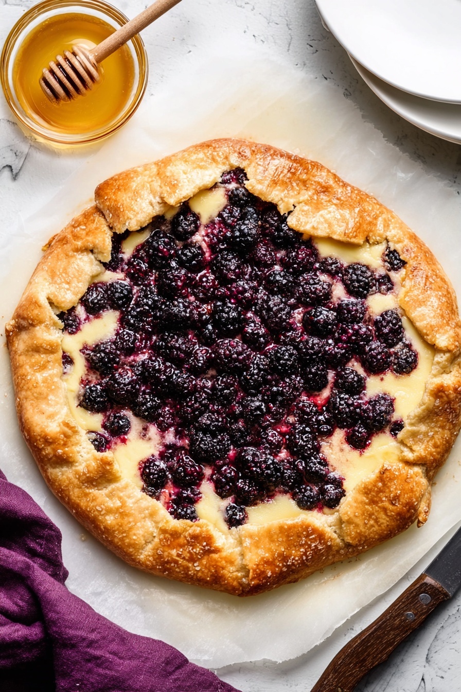 A round galette on a white marbled surface with a thick, golden-brown crust forming the outer layer, slightly folded over the edges. Inside, a creamy light yellow layer fills the center, topped with a generous, uneven layer of dark purple-black blackberries that appear juicy and slightly burst. On the upper left side, there is a small glass bowl filled with honey next to a wooden honey dipper. A white plate is partially visible on the right side, and a purple cloth is placed at the bottom left corner. The knife with a dark handle is visible at the bottom right corner. photo taken with an iphone --ar 2:3 --v 7