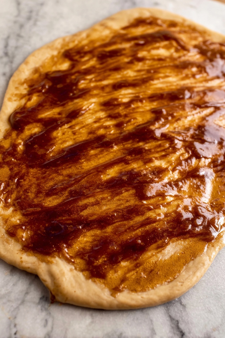 A cinnamon roll with light brown icing thickly spread on top, showing soft, fluffy inner layers of dough swirled with darker brown cinnamon filling. The roll is partly eaten, exposing the moist and textured inside with a spoon scooping a piece from the side. It sits on a white plate with small dark speckles, placed on a white marbled surface with a hint of red fabric nearby and some blurred green leaves in the background. photo taken with an iphone --ar 2:3 --v 7