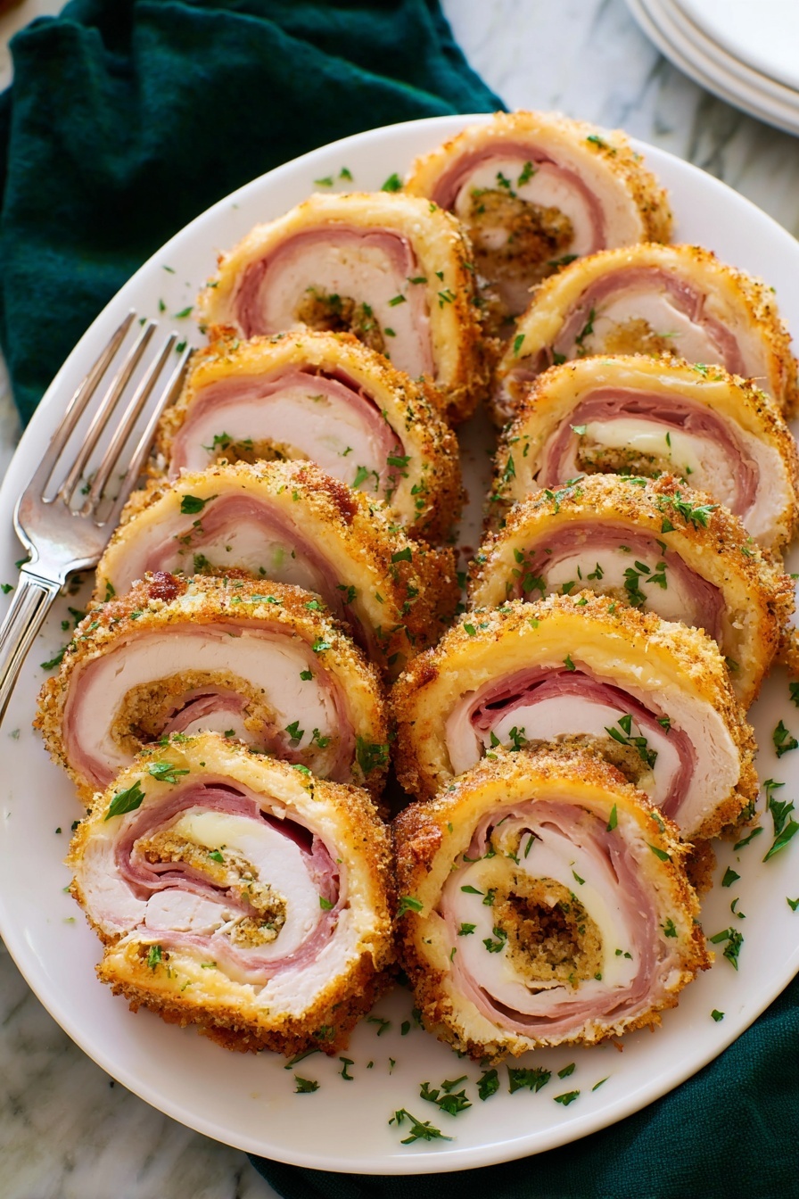 A white plate filled with many slices of a rolled dish arranged closely together, each slice showing three main layers: a crispy golden-brown outside crust, a thick pale cooked layer inside, and a thin pink layer in the middle that looks like ham. The slices show a swirl pattern from the rolling, and small green herb pieces are sprinkled on top of the slices. The plate rests on a white marbled surface with a dark green cloth and a silver fork partially visible near the plate. photo taken with an iphone --ar 2:3 --v 7