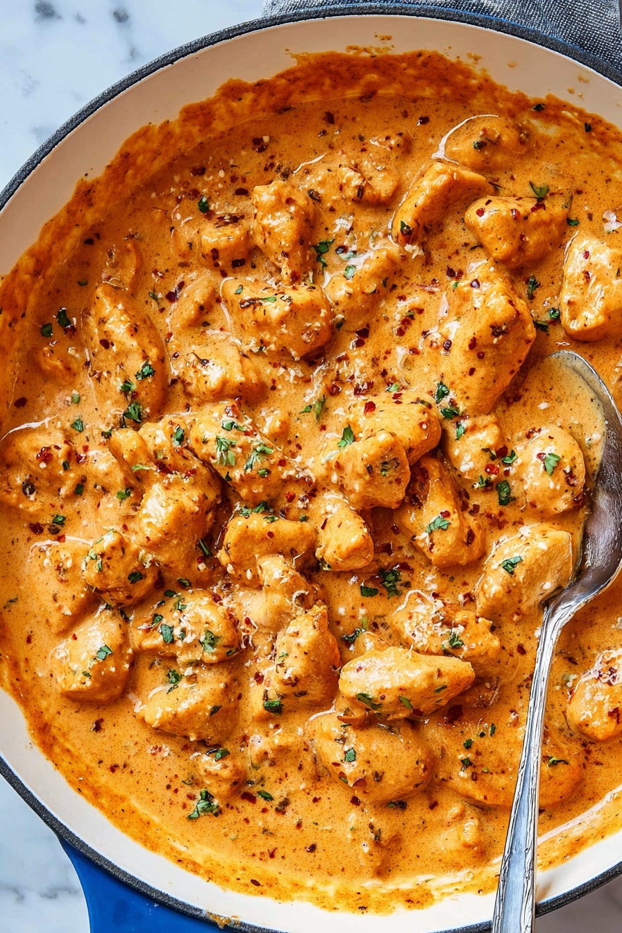 A close-up image of a skillet filled with creamy orange sauce covered with many light brown pieces of chicken, sprinkled with small green herb bits on top, with a silver spoon partially dipped in the sauce on the right side; the skillet is white inside and has a blue outer rim, sitting on a white marbled surface. photo taken with an iphone --ar 2:3 --v 7