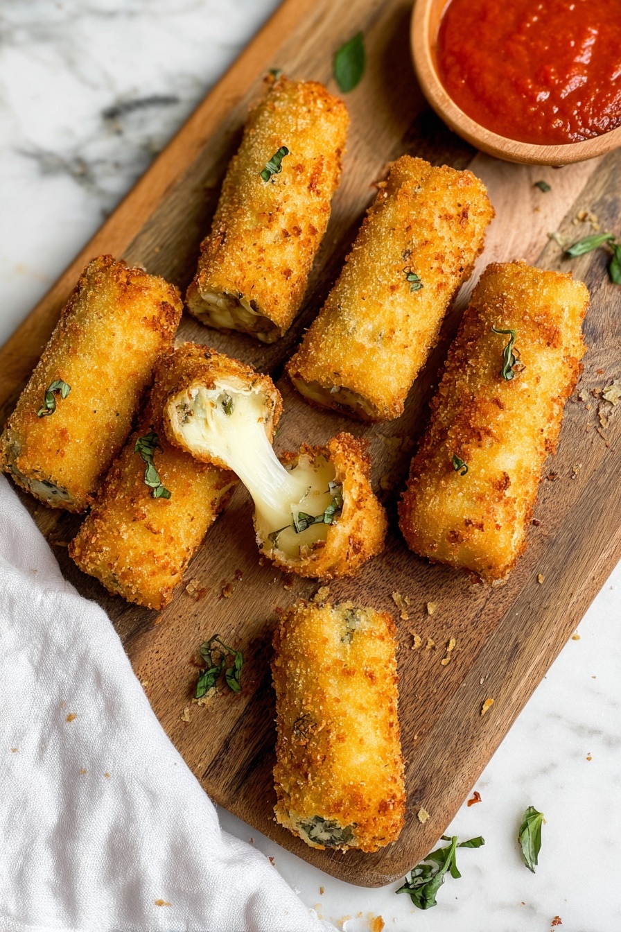 The image shows eight golden-brown fried sticks arranged on a wooden board, each with a crispy, crunchy outer layer. One stick is open, revealing a soft, stretchy white cheese filling with green herbs inside. Small green herb leaves are scattered around the board. A small wooden bowl with red sauce is placed at the top right corner of the board. The wooden board is placed on a white marbled surface, with a white cloth partially visible underneath in the bottom left corner. Photo taken with an iphone --ar 2:3 --v 7