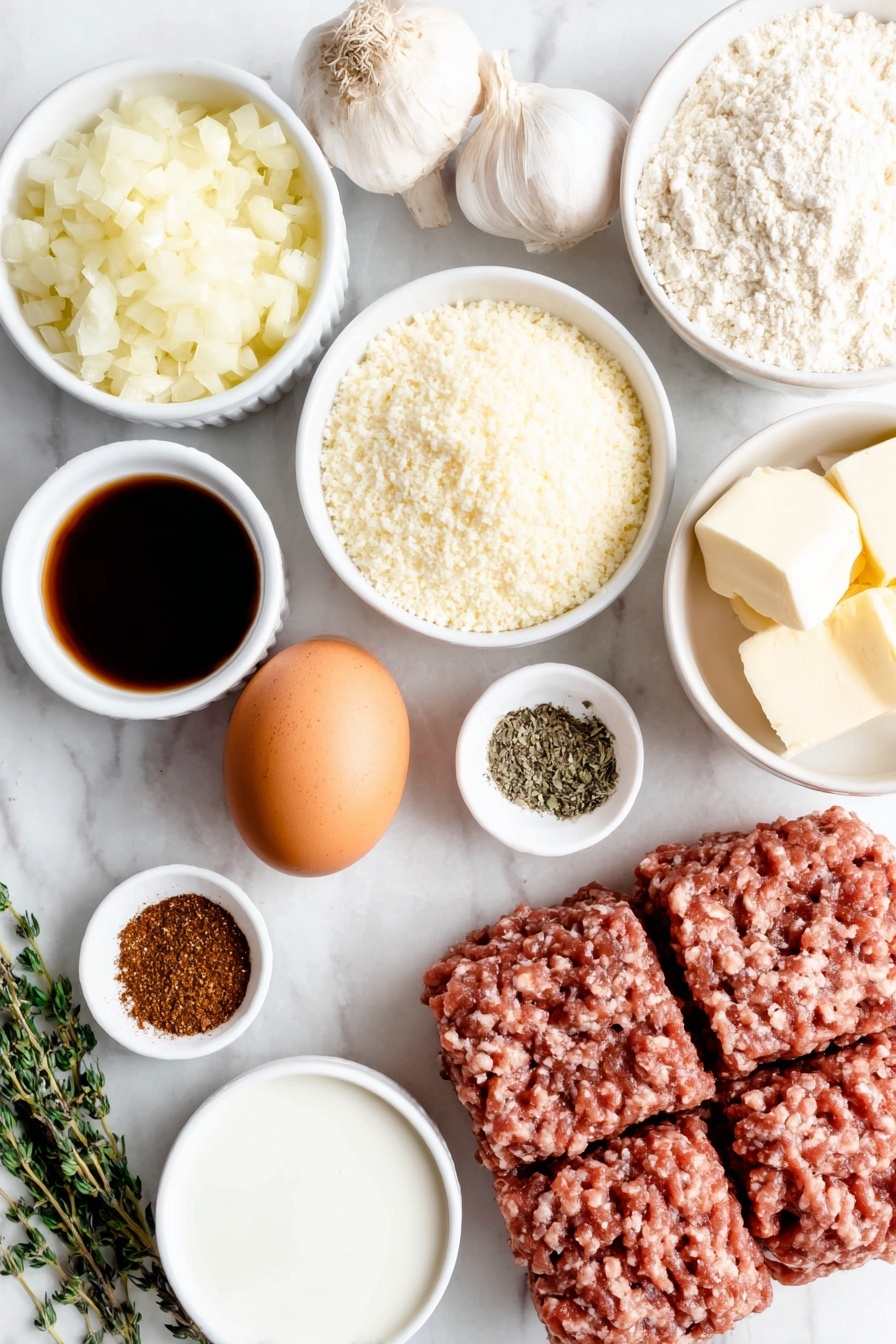 Flat lay of a small mound of finely diced yellow onion, two whole garlic cloves with skins on, a small white bowl of panko breadcrumbs, a small white bowl with grated Parmesan cheese, one whole uncracked brown egg, a small white bowl of milk, a sprinkle of dried oregano, ground allspice, ground nutmeg, and black pepper arranged as small piles, a portion of raw ground beef and raw ground pork side by side, a small white bowl with olive oil, a small white bowl of butter cubes, a small white bowl of all-purpose flour, a small white bowl filled with beef broth, a small white bowl with a cube of chicken bouillon next to it, a small white bowl of Worcestershire sauce, a small white bowl containing Dijon mustard, a small white bowl of dried parsley, and a small white bowl of creamy sour cream, all ingredients fresh and natural, neatly arranged with perfect symmetry in a professional flat lay taken with natural lighting and an iPhone, placed on a clean white marble surface, soft natural light, photo taken with an iPhone, professional food photography style, fresh ingredients, white ceramic bowls, no bottles, no duplicates, no utensils, no packaging --ar 2:3 --v 7 --p m7354615311229779997
