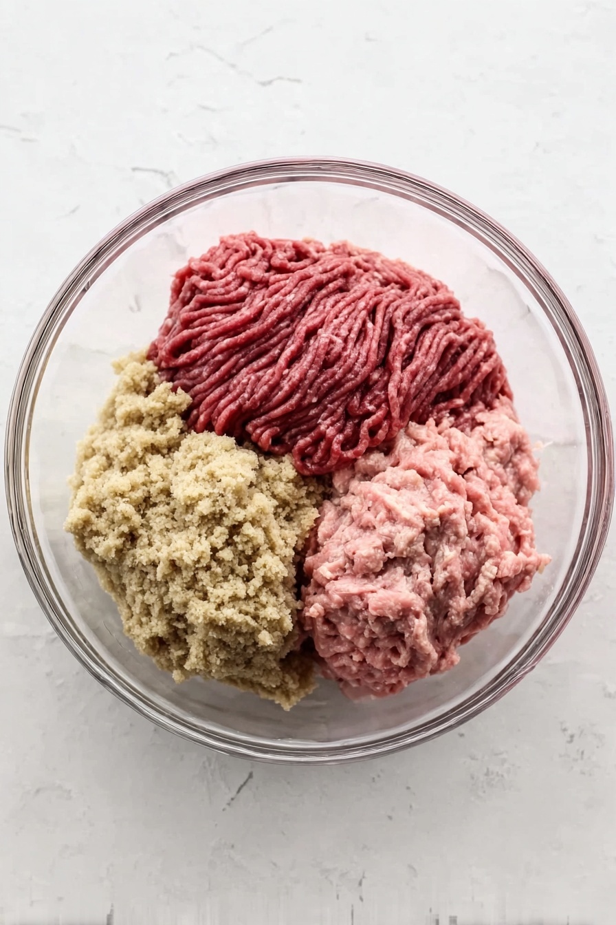 A white bowl filled with two main layers: a base of creamy, smooth mashed potatoes that are light yellow in color, and on top, several round meatballs covered in a thick, light brown sauce with small green herbs sprinkled over both the meatballs and potatoes. A silver fork rests on the right side of the bowl, partly inside the mashed potatoes, and the bowl sits on a white marbled surface. The photo taken with an iphone --ar 2:3 --v 7