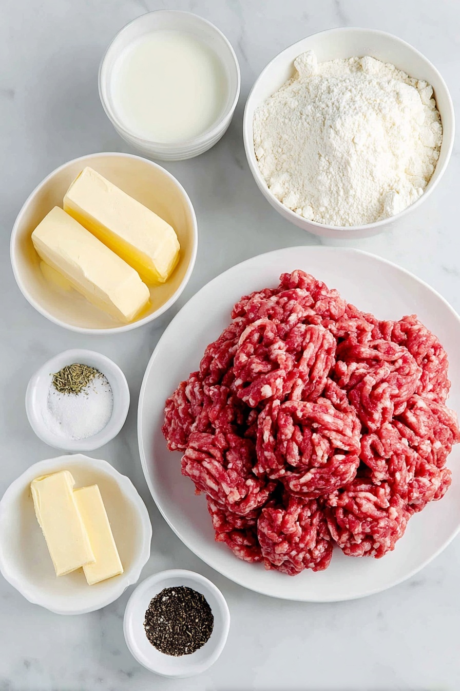 Flat lay of raw ground pork sausage in a natural crumbly mound, a small white ceramic bowl filled with whole fresh milk, a small white ceramic bowl filled with creamy half and half, a small white ceramic bowl holding smooth white all-purpose flour, a small white ceramic bowl containing black peppercorns, a small white ceramic bowl with ground sage powder, a small white ceramic bowl with seasoned salt, a small white ceramic bowl holding garlic salt, two cold sticks of unsalted butter with clean edges on a simple white ceramic plate, placed on a clean white marble surface, soft natural light, photo taken with an iPhone, professional food photography style, fresh ingredients, white ceramic bowls, no bottles, no duplicates, no utensils, no packaging --ar 2:3 --v 7 --p m7354615311229779997