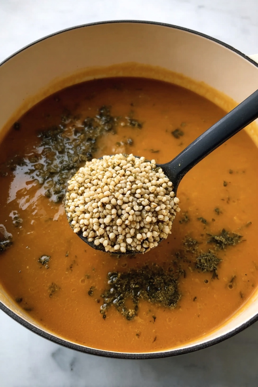 A white bowl filled with thick brown lentil soup with chunks of red tomatoes and small pieces of meat and lentils spread throughout. The soup has a slightly chunky texture with visible bits of onions and green herbs sprinkled inside. There is a silver spoon resting inside the bowl on the top right edge. The bowl is placed on a white marbled surface with a soft cream cloth partially visible in the upper right background. photo taken with an iphone --ar 2:3 --v 7