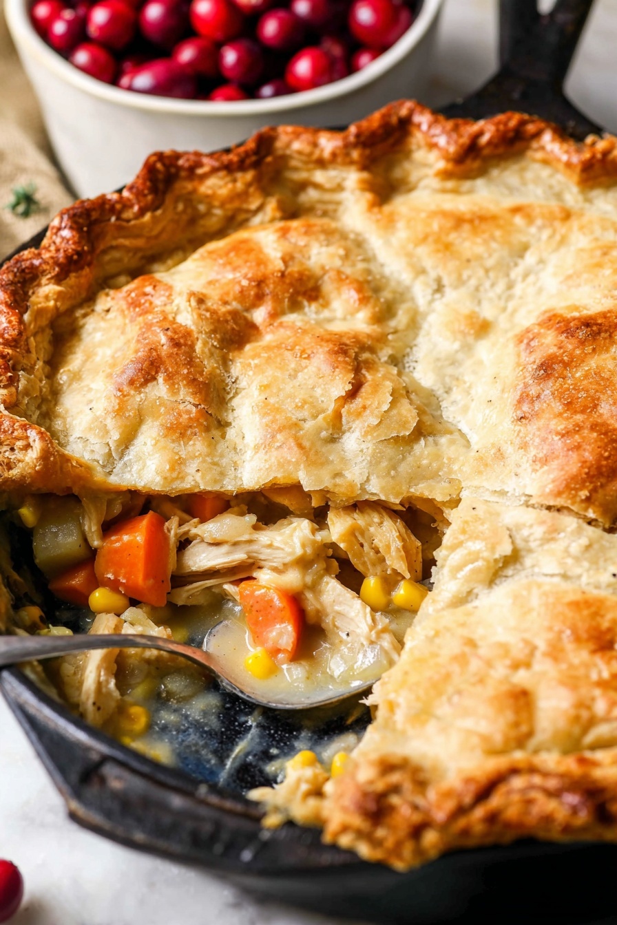 A golden-brown pie crust with a slightly uneven, crimped edge covers a cast iron skillet, with a section cut out to reveal the filling inside. The filling has three layers: the bottom layer shows chunks of white chicken meat, the middle layer has bright orange carrot pieces mixed with yellow corn kernels, and the top layer is a creamy, light-colored sauce that coats all ingredients. The crust on top is flaky with some browned spots, and there is a silver spoon resting on the side, partially inside the filling. In the background, there is a white bowl filled with bright red cranberries, set on a white marbled texture. photo taken with an iphone --ar 2:3 --v 7