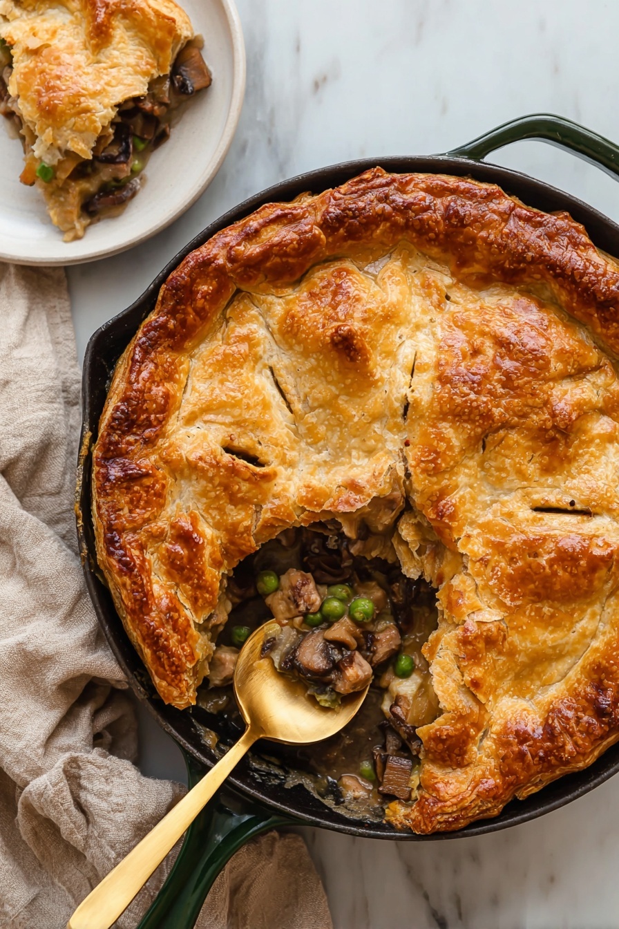 A round pie in a green-handled black skillet, topped with a golden brown, flaky crust with small vent cuts on top. One slice is removed, showing the inside filled with mixed ingredients like cubes of light brown meat, dark brown mushrooms, and some green peas in a creamy sauce. A long gold spoon is scooping some filling from the cut-out piece. The skillet sits on a white marbled surface with a beige cloth nearby and a white plate with another piece of the pie in the corner. photo taken with an iphone --ar 2:3 --v 7