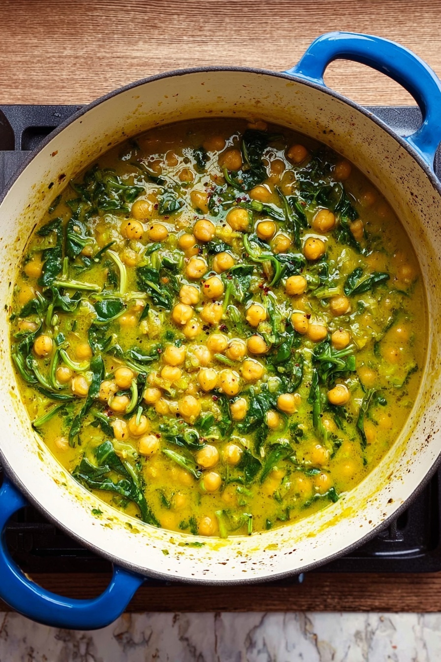 A large white pot with blue handles sits on a dark stove, filled with a thick chickpea stew. The dish has a yellowish-green color showing cooked chickpeas mixed with wilted green leafy vegetables, suspended in a slightly bubbling sauce. Small herbs and spices are visible throughout the stew, and some sauce is splattered on the inner sides of the pot. The pot is placed on a wooden surface with a white marbled texture. photo taken with an iphone --ar 2:3 --v 7