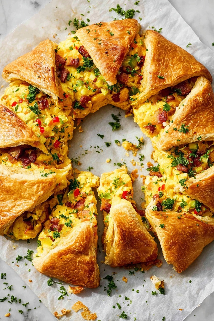 The image shows a round, golden-brown pastry wreath that is sliced into eight pieces and placed on parchment paper over a white marbled surface. The pastry has a puffy, flaky crust that wraps over the filling in folded layers. Inside, the filling is bright yellow scrambled eggs mixed with small, colorful chunks of red and green peppers and bits of bacon or sausage, all lightly seasoned and topped with fresh green parsley sprinkled over the top and scattered around the wreath. Photo taken with an iphone --ar 2:3 --v 7
