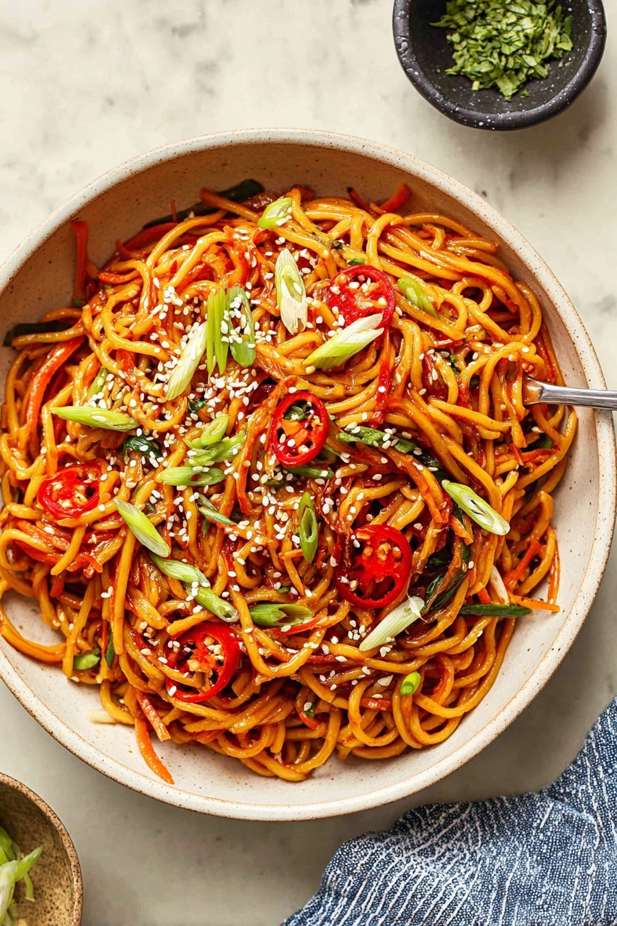 A large white bowl filled with a pile of shiny, orange-red noodles mixed with thin julienned carrots and small bits of vegetables, topped with scattered white sesame seeds, thin slices of bright green scallions, and round red chili slices. Two wooden chopsticks rest on the right side of the noodles, partly buried in the pasta. The bowl sits on a white marbled surface with a small black bowl of herb garnish visible in the top right corner, along with a blue-striped cloth near the bottom right. The overall look is vibrant and fresh with a mix of warm and cool colors. Photo taken with an iphone --ar 2:3 --v 7