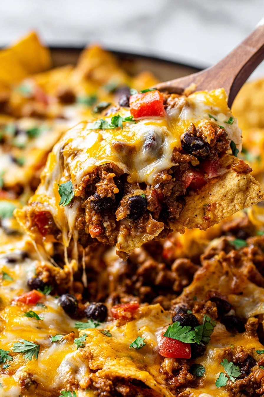 The image shows a close-up of a wooden spoon lifting a portion of a layered nacho dish. The bottom layer consists of crunchy beige tortilla chips, topped with cooked ground meat mixed with black beans and small pieces of red tomatoes, adding dark brown, black, and red colors. Over this, there is a generous layer of melted yellow and white cheese, slightly stringy and covering the toppings. Small green cilantro leaves are scattered throughout for a fresh touch. The rest of the dish with similar layers of chips, meat, beans, tomatoes, cheese, and herbs fills the white marbled surface in the background. Photo taken with an iphone --ar 2:3 --v 7