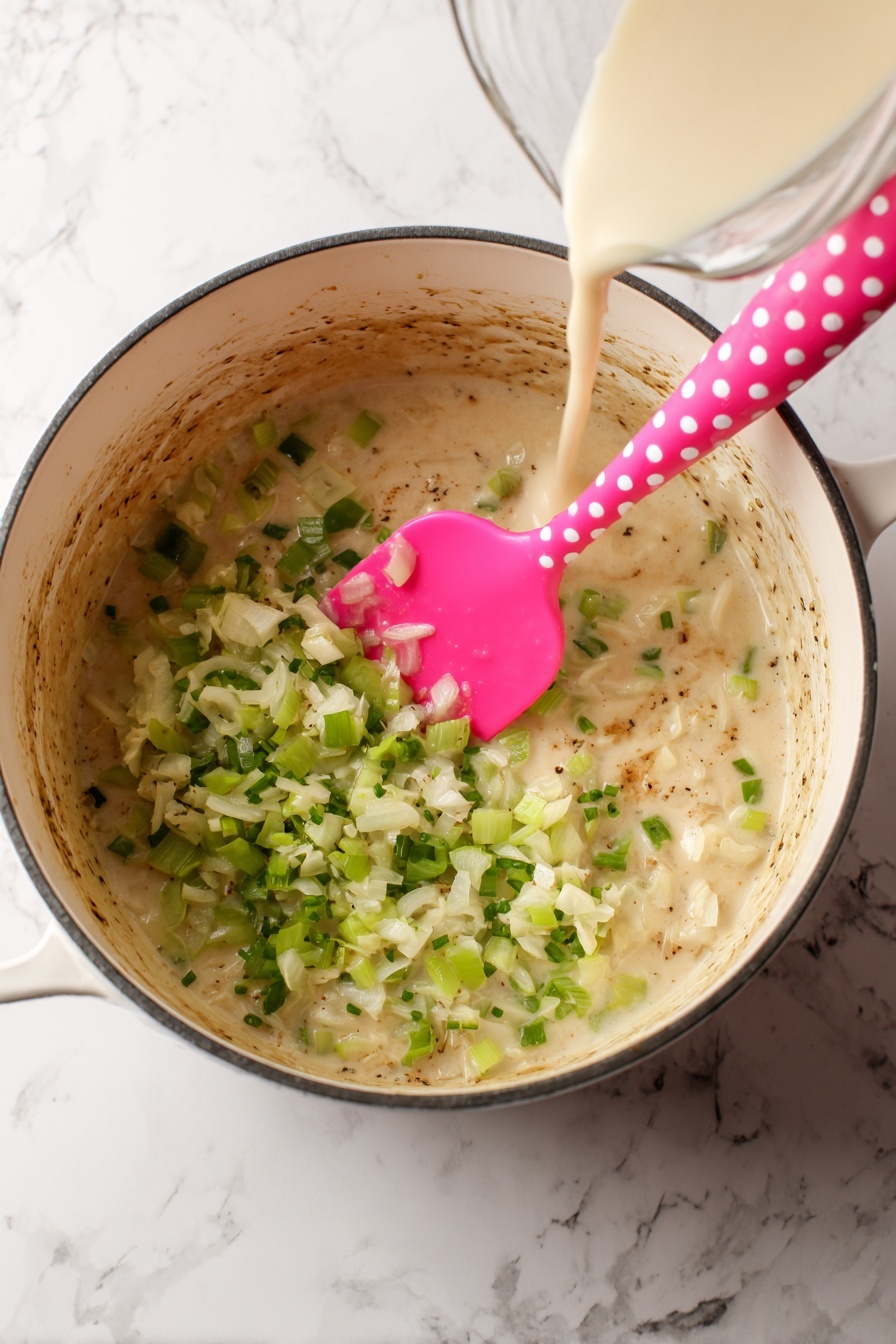 A white bowl filled with creamy chowder that has chunks of pale yellow potatoes and bits of cooked bacon sprinkled on top, along with small green parsley pieces for garnish; several round, light golden saltine crackers are placed on the edge of the bowl. The bowl sits on a white marbled surface, and a silver spoon is partly inside the soup, resting on the bowl's edge. In the background, out of focus, more saltine crackers are scattered on the same white marbled surface. Photo taken with an iphone --ar 2:3 --v 7