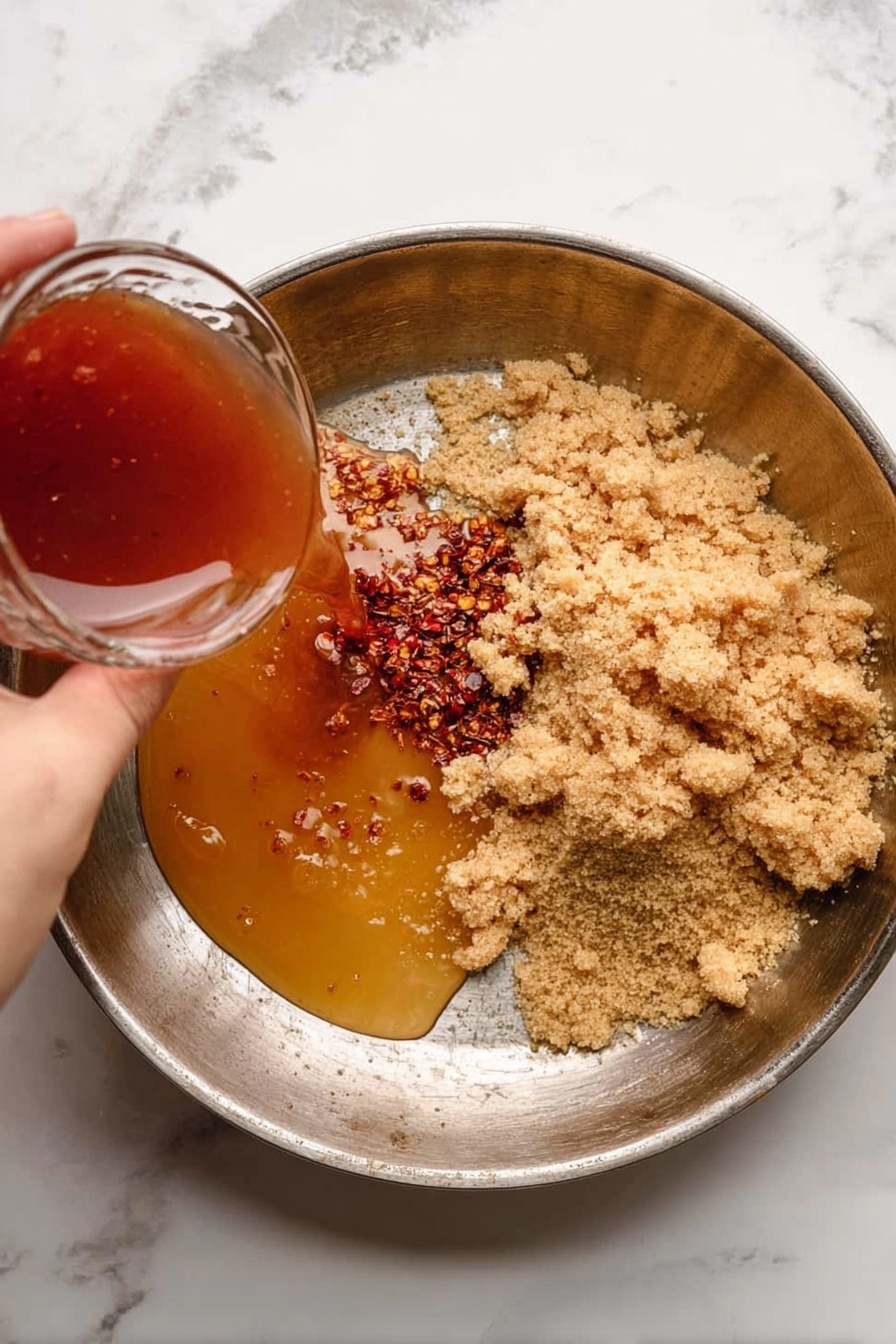 A black plate holds a bed of white rice topped with several large pieces of golden-brown chicken covered in a thick, glossy orange sauce with small green chili slices scattered on top. A pair of dark red chopsticks lifts one saucy chicken piece above the plate. In the blurred background, a wooden bowl filled with red chili flakes sits on a white marbled surface. photo taken with an iphone --ar 2:3 --v 7