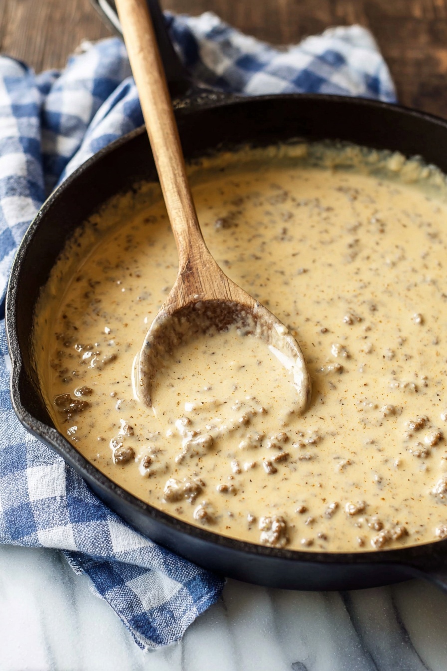 A black cast iron pan filled with creamy beige sauce that has small brown bits mixed throughout, showing a thick and smooth texture. A wooden spoon is scooping some sauce near the edge of the pan, resting inside it. The pan sits on a white marbled surface with a blue and white checkered cloth nearby, adding a soft touch to the setting. The overall look is warm and inviting, showing a rich, thick sauce ready to serve photo taken with an iphone --ar 2:3 --v 7