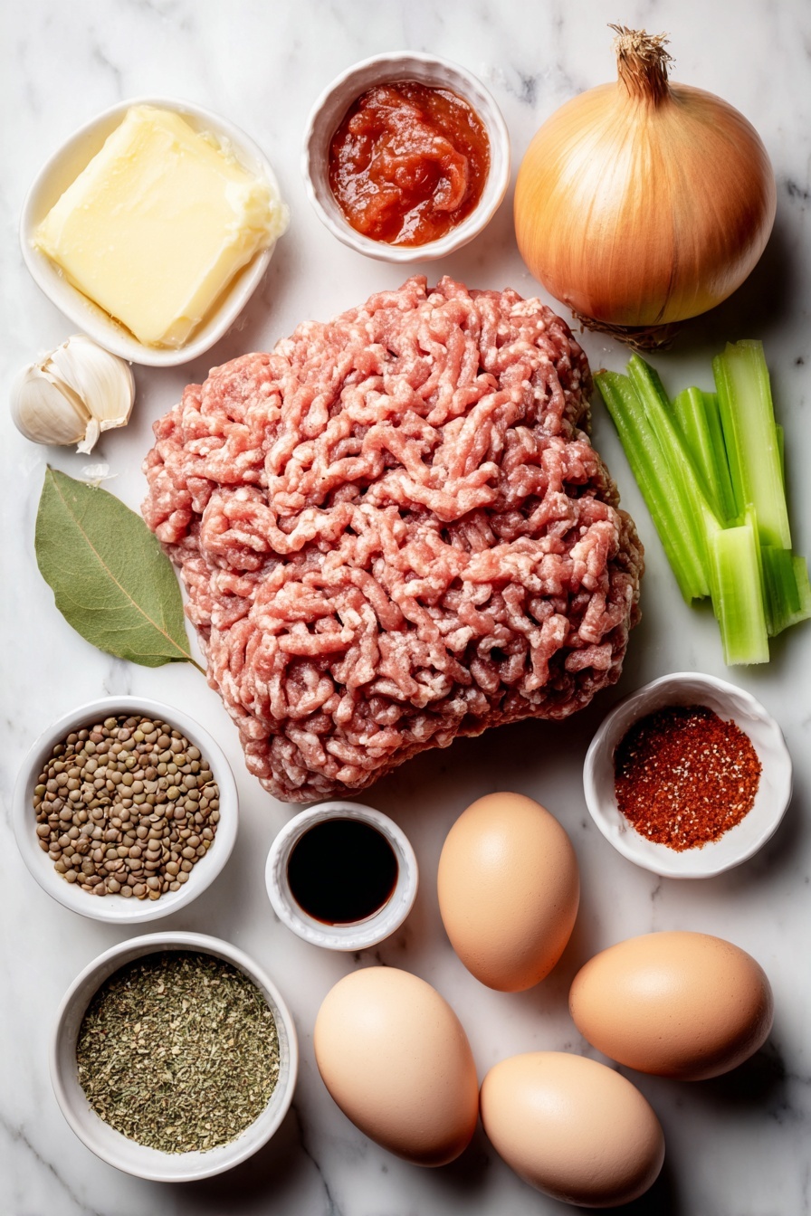 Flat lay of a raw pound of fresh ground sausage shaped loosely in a small mound, a whole small yellow onion with smooth skin, a handful of bright orange diced carrots, a few diced stalks of crisp green celery, three cloves of whole garlic with papery skins intact, a pat of creamy butter, a small white bowl filled with reddish tomato paste, a small white bowl of dry brown lentils, a single fresh green bay leaf, a small white bowl of dried mixed herbs including dried basil, dried parsley, oregano, and mustard powder, a small white bowl of dark Worcestershire sauce, a small white bowl of vibrant red hot sauce, a small white bowl of straight pepper powder, a small white bowl with bright red diced fresh tomatoes drained of juice, and three whole clean brown eggs arranged symmetrically, all placed on a clean white marble surface, soft natural light, photo taken with an iPhone, professional food photography style, fresh ingredients, white ceramic bowls, no bottles, no duplicates, no utensils, no packaging --ar 2:3 --v 7 --p m7354615311229779997