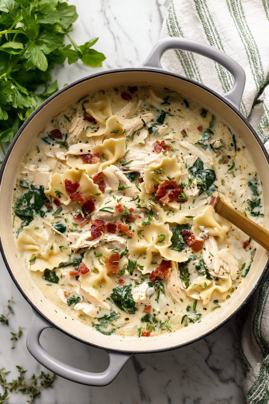A pot filled with creamy yellow soup that has spiral-edged pasta pieces spread throughout. Shredded white chicken pieces are mixed into the soup along with dark green leafy vegetables and small bits of red-brown bacon. The soup has small black herb specks and looks thick and smooth. The pot is light gray with a white inside, placed on a white marbled surface with green leafy herbs and a white and green striped cloth nearby. photo taken with an iphone --ar 2:3 --v 7