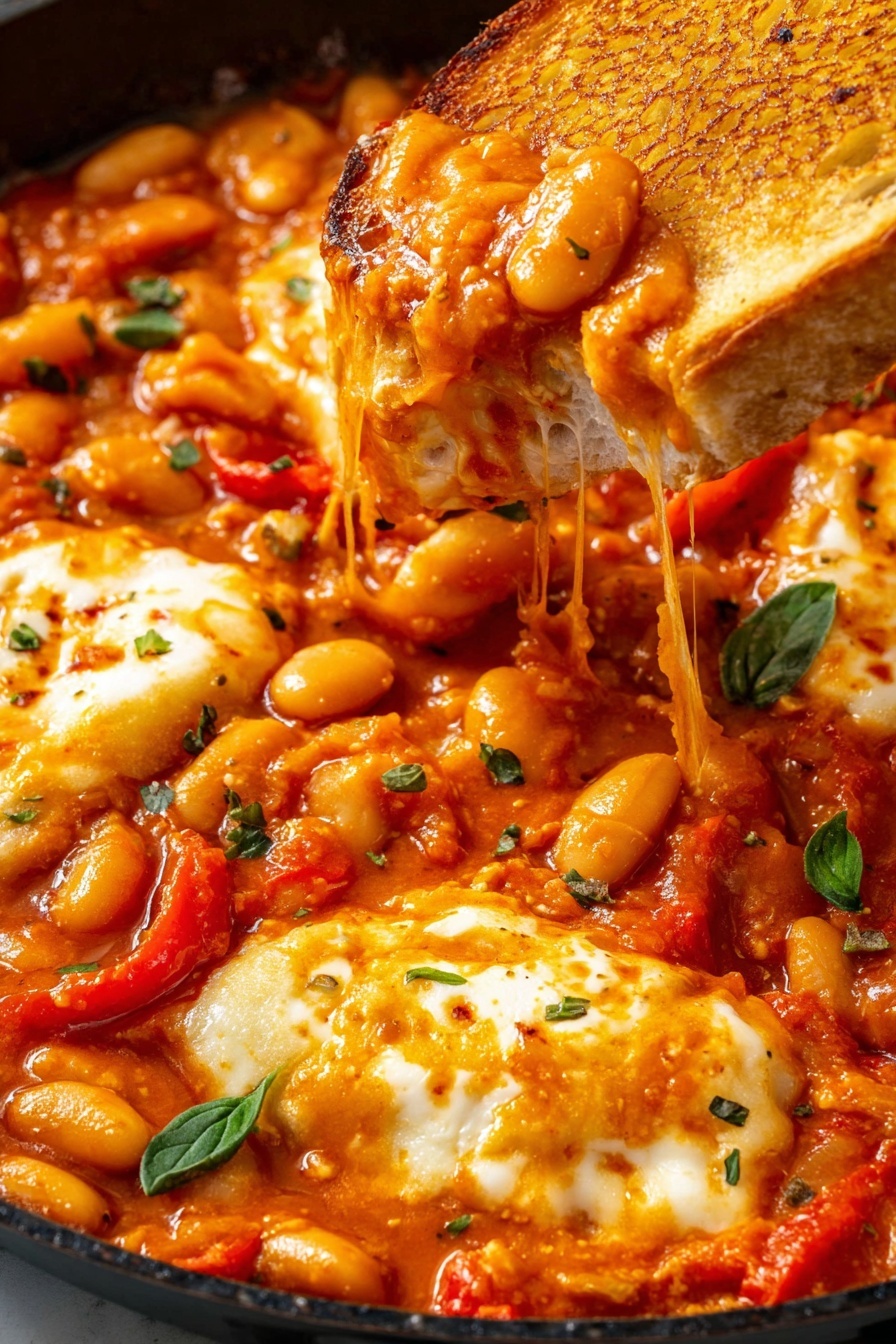 The image shows a thick orange-red tomato sauce filled with whole white beans and pieces of bright red roasted peppers evenly spread across a black skillet. There are several blobs of white melted cheese with a creamy texture that mix softly into the sauce, some stretching in thin strings as a toasted white bread slice is lifted from the skillet, partially covered by the sauce and beans. Small green leaves are scattered on top, adding fresh color contrast. The sauce looks dense and rich, with visible herbs sprinkled over the surface. The photo taken with an iphone --ar 2:3 --v 7