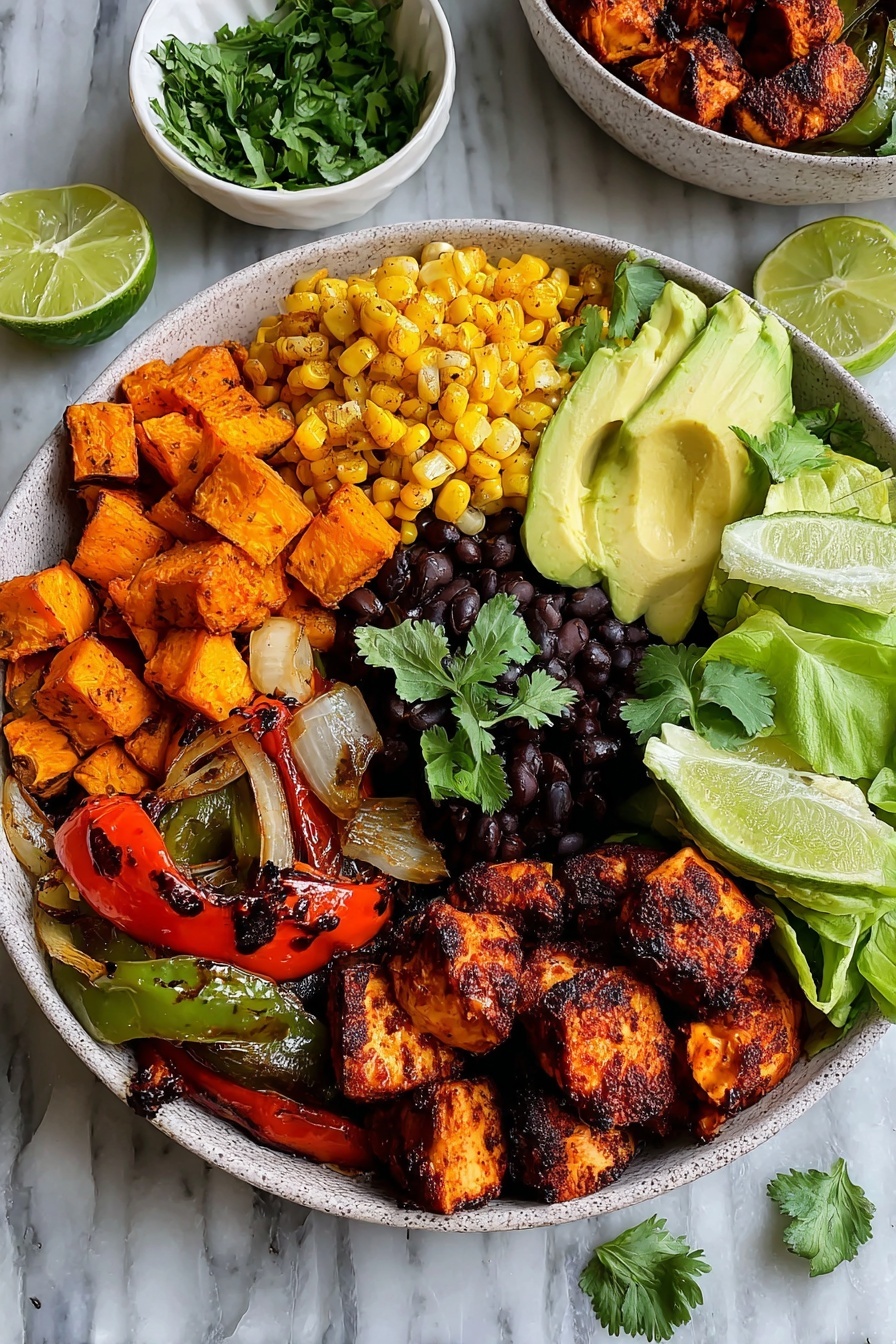 The round bowl contains five main layers arranged side by side: at the bottom left, there are grilled chicken pieces in a deep orange color with a charred texture; next to them, grilled red and green bell peppers mixed with white onions showing slight char marks; above, golden yellow grilled corn kernels; to the left of the corn, a pile of roasted orange sweet potato cubes with some skin on them; in the middle, a scoop of dark black beans with a soft, mashed texture; on the right edge, fresh green lettuce leaves topped with perfectly sliced, pale green avocado and two lime wedges on the side. A small sprig of green cilantro is placed in the center of the bowl. The bowl sits on a white marbled surface with a small white bowl of cilantro and a lime wedge nearby. Photo taken with an iphone --ar 2:3 --v 7