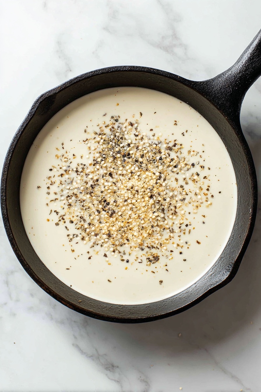 A single biscuit with a golden brown top, split in half with the bottom layer holding a thick creamy white gravy filled with small brown sausage bits, spilling slightly onto a white plate with a speckled pattern and a light brown rim. A silver spoon rests beside the gravy on the plate, and the background is a white marbled texture. photo taken with an iphone --ar 2:3 --v 7