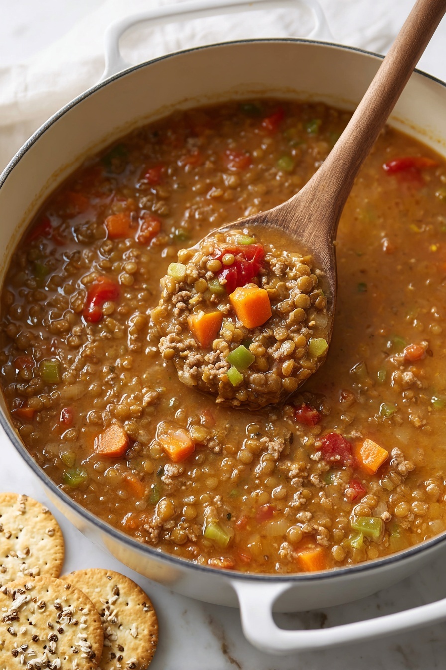 A close-up photo shows a large white pot filled with thick lentil soup. The soup has a brownish-orange color base with visible small pieces of cooked lentils, ground meat, diced orange carrots, green celery, and red tomato pieces all mixed together. A wooden spoon is lifted from the pot, dipping into the soup, showing the textured mix of ingredients. Around the pot, there are two light brown round crackers on a white marbled surface and some crisp bread with seeds. photo taken with an iphone --ar 2:3 --v 7