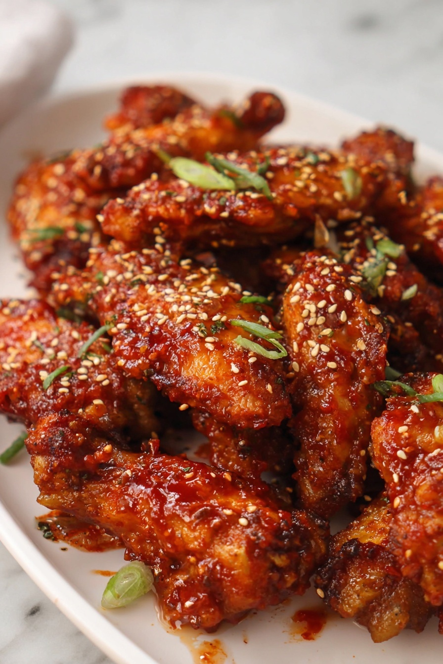 A white plate holds many chicken wings covered in a sticky reddish-brown sauce with a shiny, thick texture. The wings are sprinkled with light tan sesame seeds and small green slices of scallions. The sauce looks spread unevenly, showing some crispy skin through the sauce. The background is a white marbled texture. photo taken with an iphone --ar 2:3 --v 7