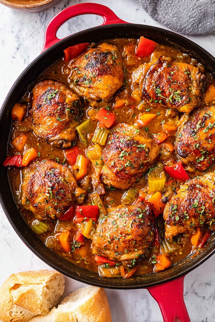 A skillet filled with nine browned chicken thighs cooked in a rich brown sauce with visible herbs sprinkled on top. Around the chicken pieces, there are chunky vegetables including red and orange bell peppers and pieces of celery, all mixed in the sauce. The skillet is red with one handle visible, sitting on a white marbled surface. On the right side, two pieces of torn bread are placed next to the skillet. The overall look is warm and hearty with vibrant colors and textures of cooked chicken and vegetables. photo taken with an iphone --ar 2:3 --v 7