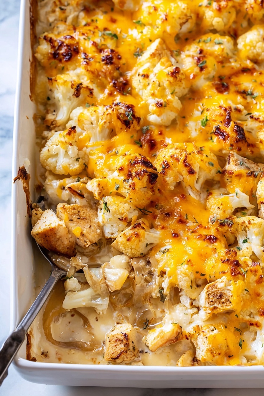 A close-up view of a baked casserole in a white rectangular dish. The top layer is melted yellow and orange cheese with some browned spots. Underneath, chunks of light golden roasted cauliflower are mixed with pieces of roasted light brown chicken, some caramelized onions, and a creamy sauce visible around the edges. There is a metal spoon with a dark handle resting in the corner of the dish. The background shows a white marbled surface. photo taken with an iphone --ar 2:3 --v 7