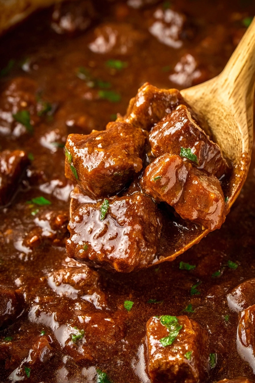 A close-up view of thick, rich brown stew with chunks of tender meat coated in a glossy, deep reddish-brown sauce; small pieces of green herbs are scattered on top, adding a touch of fresh color. A wooden spoon holds several pieces of the meat and some of the sauce above the pot, showing a textured and moist surface on the meat with bits of garlic visible in the sauce. The background is a white marbled texture. photo taken with an iphone --ar 2:3 --v 7