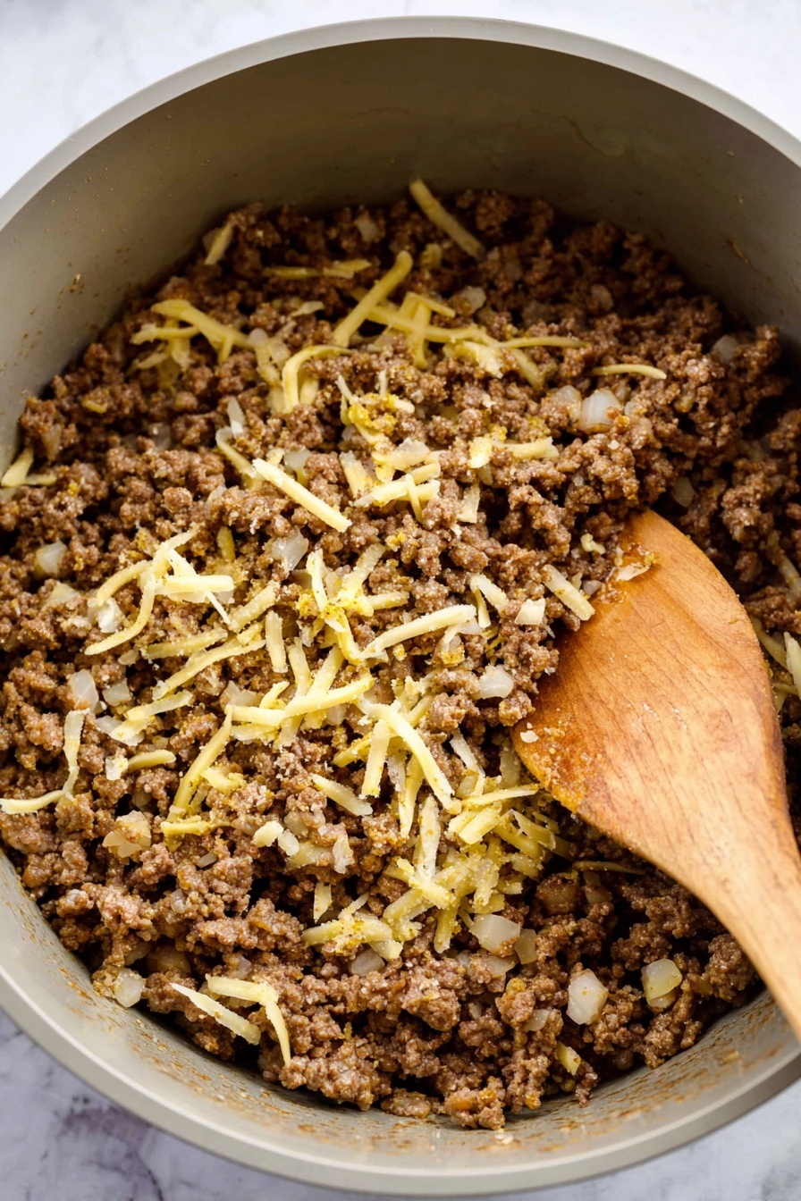 This image shows a group of rolled, golden-brown crispy rolls, some whole and two cut in half. The two cut rolls in the front reveal a filling made up of dark brown minced meat mixed with melted, stretchy white cheese threads on top. The rolls have a slight shine and some darker spots where they are crispier. They rest directly on a wooden surface with a small white bowl with blue rim containing red sauce and another bowl of white sauce in the background. The photo is close up, focusing mostly on the cut rolls. photo taken with an iphone --ar 2:3 --v 7