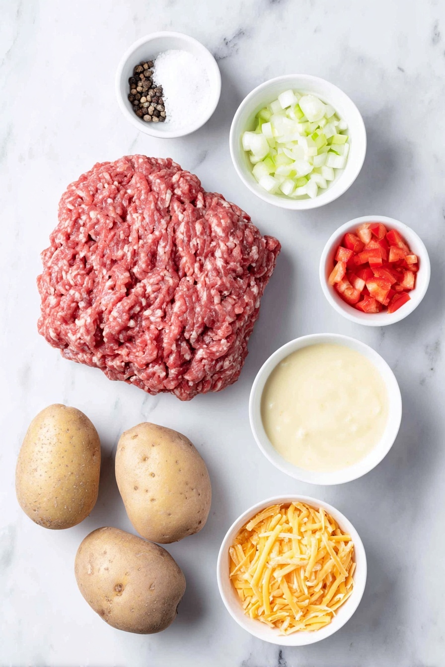 Flat lay of raw ground beef mound, a small pile of coarse salt, a few whole black peppercorns, a small white bowl of diced white onion, a small white bowl with diced red bell pepper, a small white bowl with diced green bell pepper, two whole russet potatoes with brown skins, a small white bowl filled with a creamy beige mixture representing combined evaporated milk and cream soups, a small white bowl holding shredded bright orange cheddar cheese, and a small white bowl with golden crispy fried onions placed on a clean white marble surface, soft natural light, photo taken with an iPhone, professional food photography style, fresh ingredients, white ceramic bowls, no bottles, no duplicates, no utensils, no packaging --ar 2:3 --v 7 --p m7354615311229779997