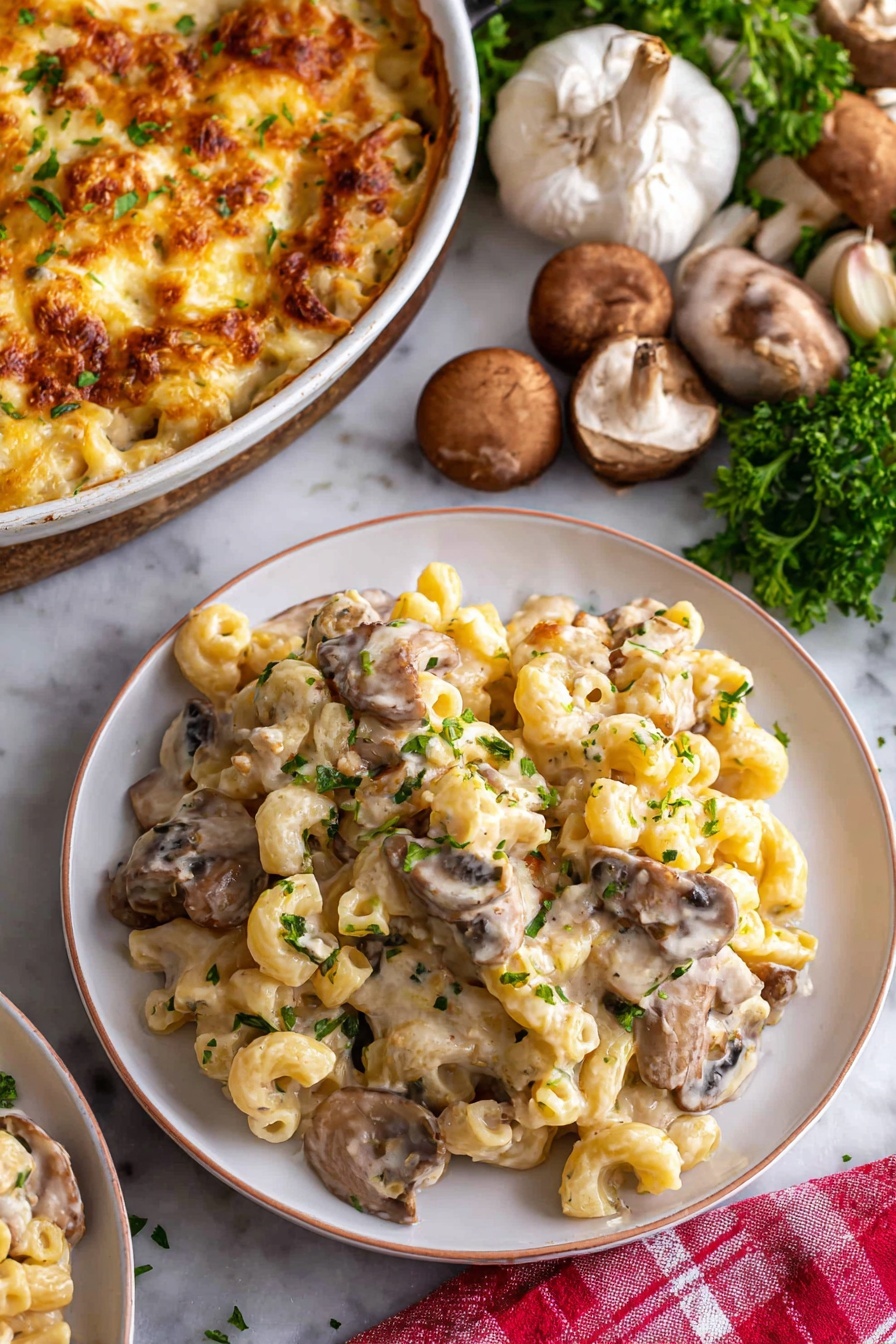 A round cast iron skillet filled with elbow macaroni pasta mixed with pieces of cooked meat in a creamy sauce, topped with seven evenly placed round slices of pale yellow cheese covering the surface. The skillet is placed on a gray surface with a white marbled texture, surrounded by a bulb of garlic, a whole onion, a green bell pepper, and a small wooden board holding pink salt and mixed peppercorns in white round containers. A red and white checkered cloth is partially visible on the lower right edge of the image. Photo taken with an iphone --ar 2:3 --v 7