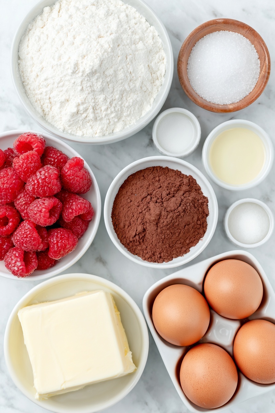 Flat lay of fresh raspberries scattered loosely, a small white ceramic bowl of granulated sugar, a small white ceramic bowl of vanilla extract, a block of cream cheese with a smooth surface, a single large whole egg with a clean shell, a small white ceramic bowl of all-purpose flour, a small white ceramic bowl of sifted Dutch-process cocoa powder, a small white ceramic bowl of fine salt, a small white ceramic bowl of refined coconut oil looking glossy and liquid, three large whole eggs with clean shells arranged neatly, placed on a clean white marble surface, soft natural light, photo taken with an iPhone, professional food photography style, fresh ingredients, white ceramic bowls, no bottles, no duplicates, no utensils, no packaging --ar 2:3 --v 7 --p m7354615311229779997