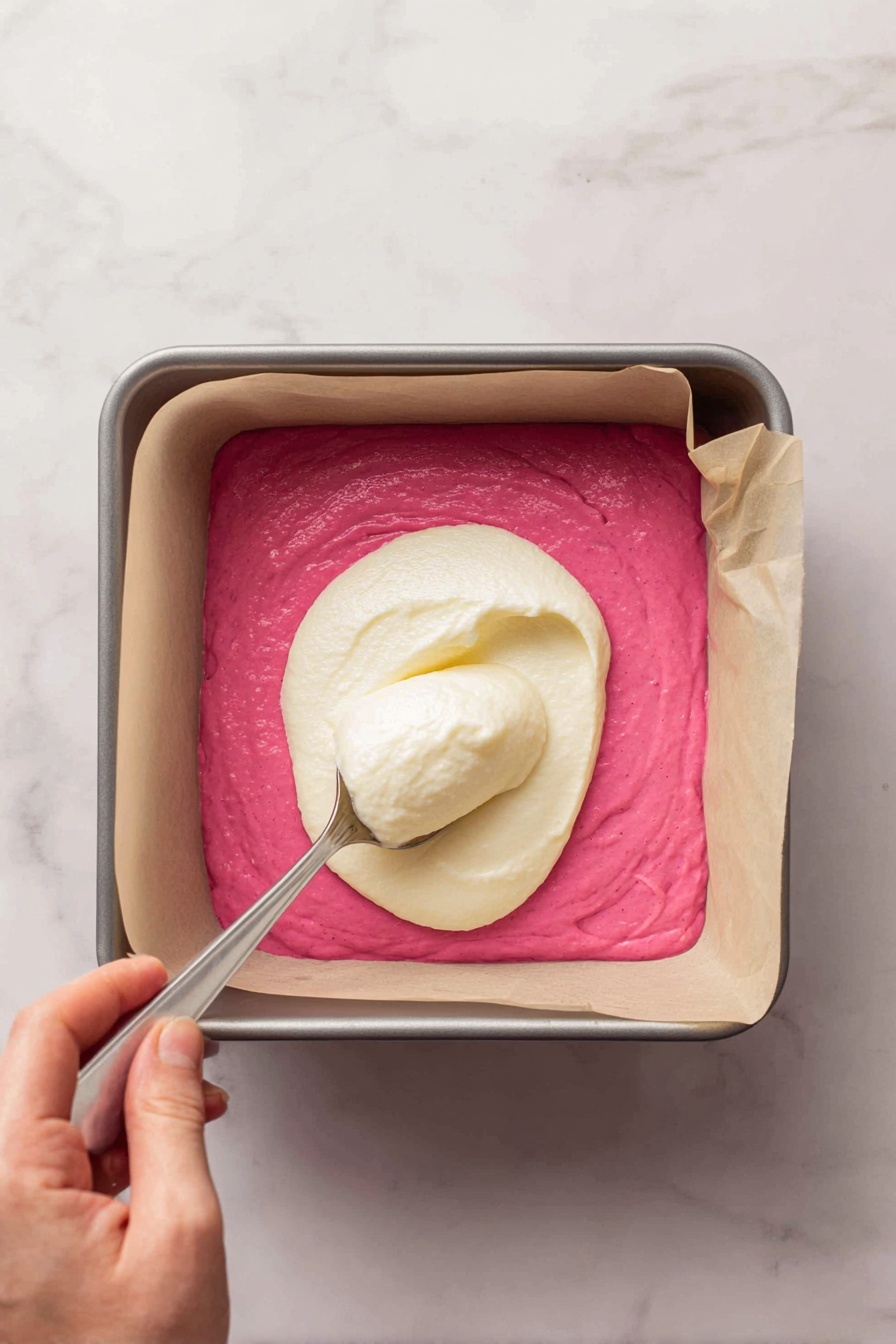 The image shows several heart-shaped treats with three visible layers: the top and bottom layers are solid pink with a smooth, slightly textured surface, while the middle layer is creamy white and smooth. Each treat is decorated on top with small heart-shaped sprinkles in white, pink, red, and purple scattered unevenly. One treat is set in a white paper cup in the center, with other treats placed directly on a white marbled surface around it. Tiny heart-shaped sprinkles are also scattered on the surface. The photo taken with an iphone --ar 2:3 --v 7
