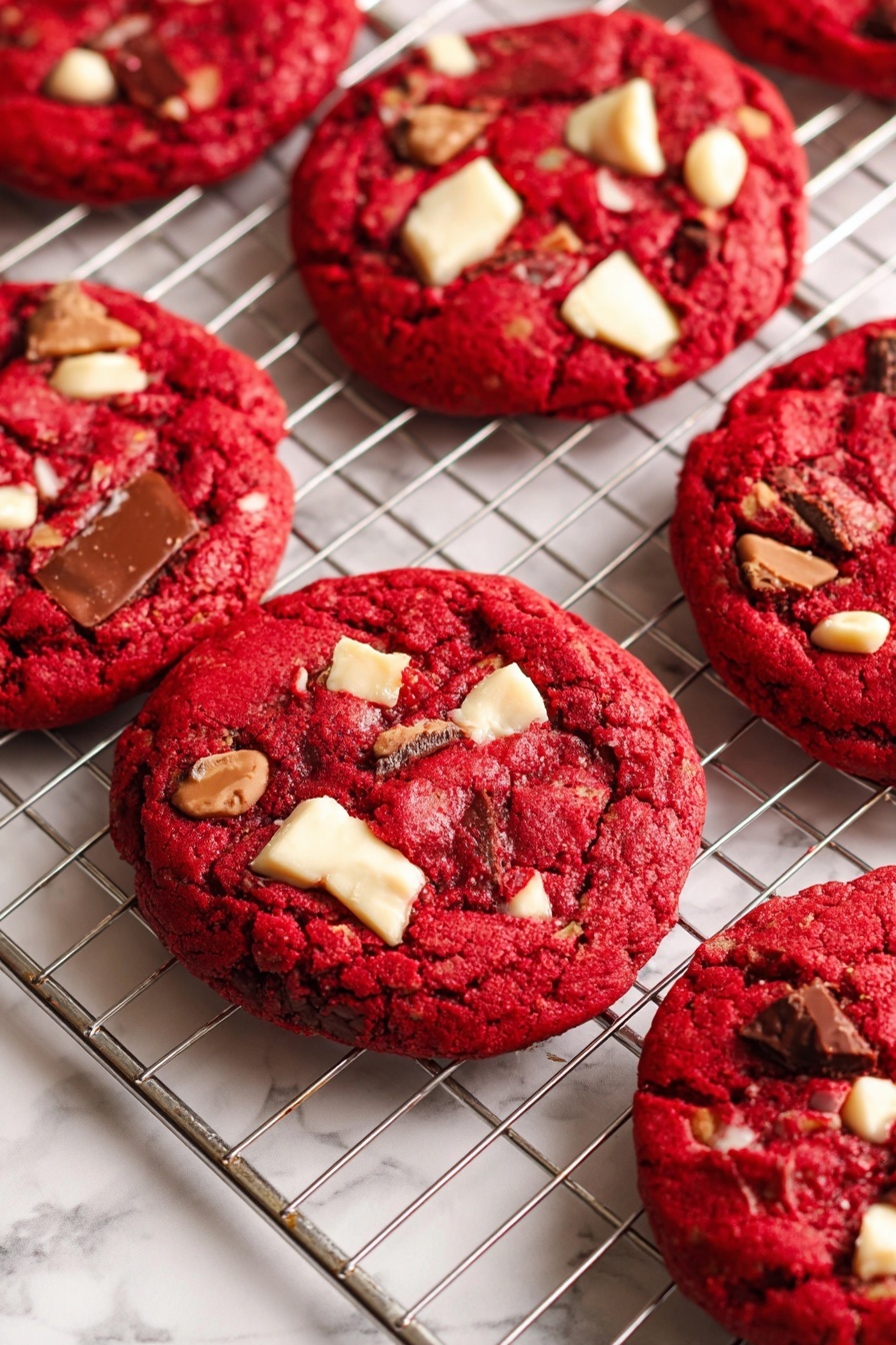 The image shows a close-up of several vibrant red cookies arranged on a metal cooling rack over a wood surface. Each cookie has a slightly cracked texture with chunks of smooth milk chocolate and white pieces, likely white chocolate or nuts, scattered unevenly on top. The rich red color of the cookie base contrasts with the lighter cream and caramel tones of the chocolate chunks. The cookies look soft and thick, with a slightly rough surface and irregular edges, creating a homemade feel. Photo taken with an iphone --ar 2:3 --v 7