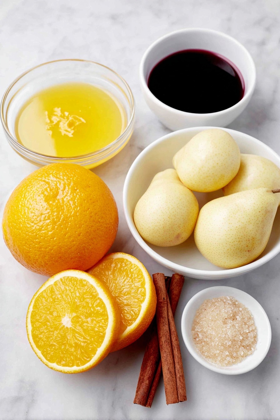 Flat lay of two large navel oranges, one whole with bright textured skin and one sliced into thin circular rounds showing juicy flesh, six small firm whole peeled pears with smooth pale yellow skin, a cinnamon stick with rich brown bark, a small white bowl of deep red Pinot Noir wine, a small white bowl of golden honey, a small white bowl of raw light brown sugar crystals, a small white bowl of fine pale green ground cardamom, a simple white ceramic bowl containing fresh bright orange juice with some zest floating on top, all arranged symmetrically with realistic proportions, placed on a clean white marble surface, soft natural light, photo taken with an iPhone, professional food photography style, fresh ingredients, white ceramic bowls, no bottles, no duplicates, no utensils, no packaging --ar 2:3 --v 7 --p m7354615311229779997