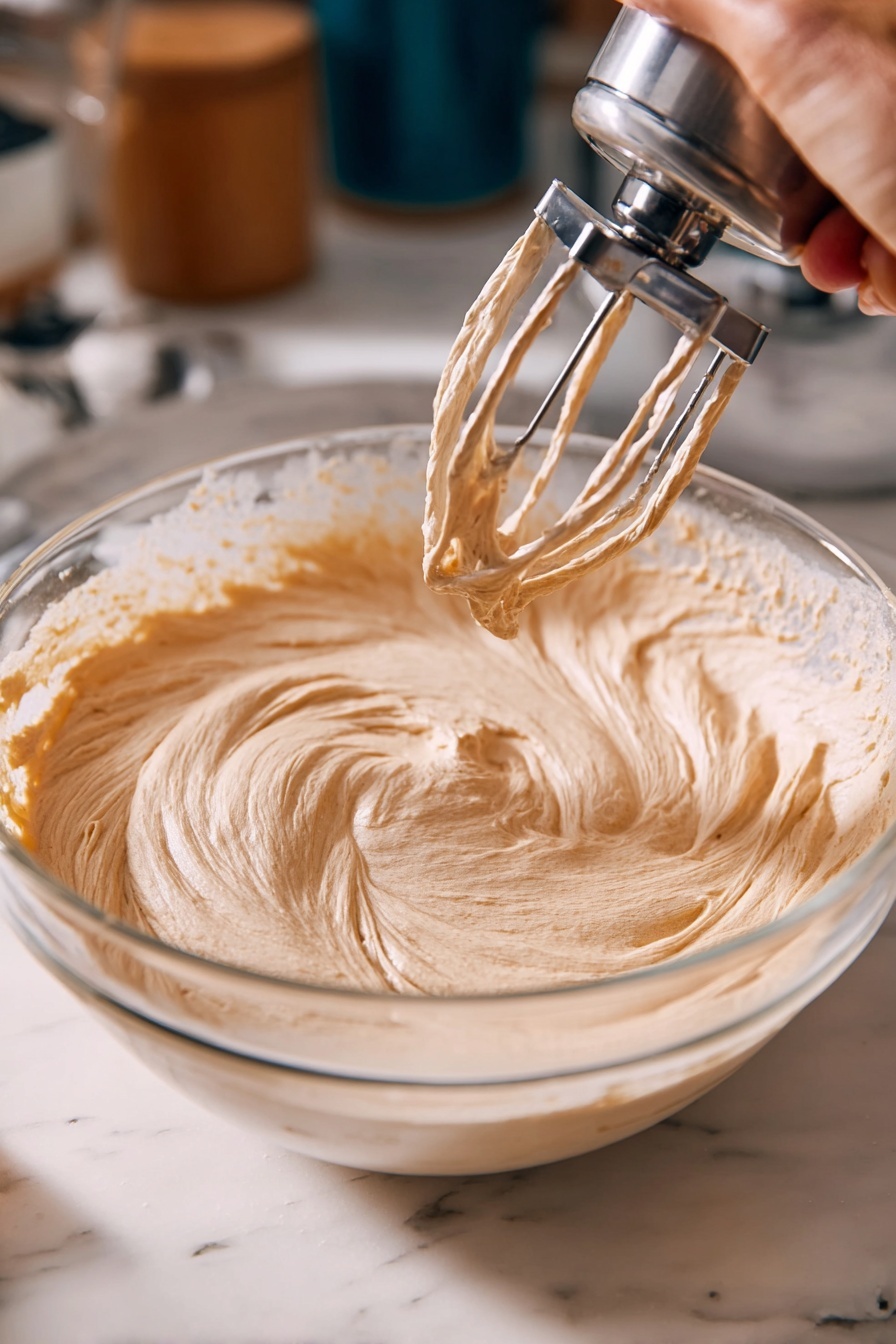 A slice of layered cake sits on a white plate with three dark brown coffee beans next to it. The cake has five visible layers: three thick, dark brown chocolate sponge layers alternating with two creamy, light beige coffee-flavored cream layers. The cake slice shows soft textures with some chocolate crumbs on the plate. A metal fork rests on the right side of the plate with some cream and crumbs on the fork's tines. The background is a white marbled surface lightly covered by a larger blue cloth. Around the main plate, there are other white plates holding similar cake slices with the same layer pattern and coffee beans scattered beside them. photo taken with an iphone --ar 2:3 --v 7