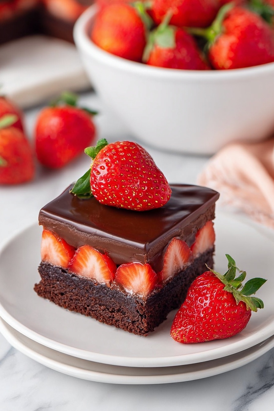 In the center of the image is a white bowl filled with smooth, dark brown chocolate batter that has a shiny, thick texture with gentle swirling patterns on the surface. The bowl sits on a white marbled table. To the top right of the bowl, there are two whole strawberries next to stacked chocolate pieces and partially unwrapped silver and cream chocolate wrappers. At the bottom left corner, there is a small white bowl containing whole and sliced strawberries. A folded blue and white cloth is placed near the bottom right. Photo taken with an iphone --ar 2:3 --v 7