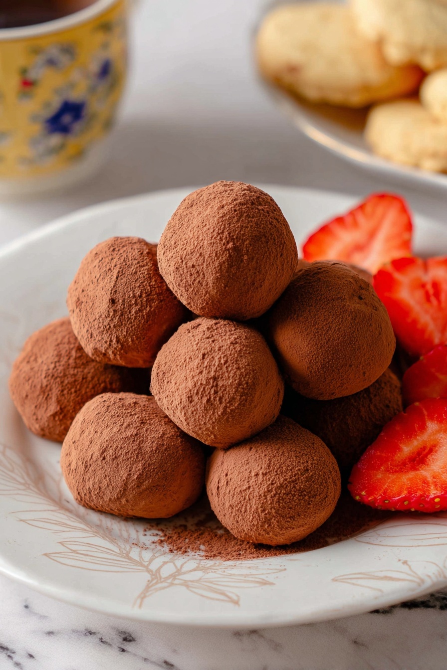 A white plate with a leaf pattern edge holds a pile of round chocolate balls, each covered in a light layer of cocoa powder giving a soft brown dusty texture. The balls are arranged in three or four layers, closely packed in the center, showing their slightly uneven but smooth surfaces. Around the chocolate balls are a few fresh bright red strawberry quarters, adding a splash of color. In the background, a white marbled surface is visible along with the lower part of a white cup with yellow and blue patterns and some soft beige cookies. photo taken with an iphone --ar 2:3 --v 7