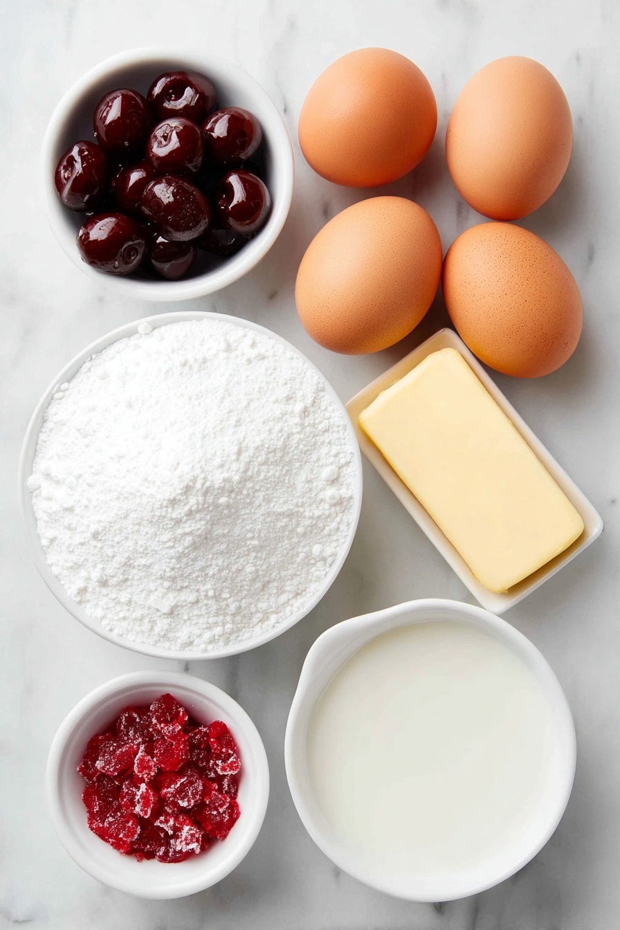 Flat lay of a small mound of fine white powdered sugar, three whole brown eggs with clean shells, a stick of pale yellow unsalted butter, a small mound of bright red chopped maraschino cherries, a few whole glossy maraschino cherries with stems, a small white ceramic bowl of creamy white milk, a small white ceramic bowl of deep red cherry juice, and a small white ceramic bowl with melted golden butter, all arranged symmetrically on a clean white marble surface, soft natural light, photo taken with an iPhone, professional food photography style, fresh ingredients, white ceramic bowls, no bottles, no duplicates, no utensils, no packaging --ar 2:3 --v 7 --p m7354615311229779997