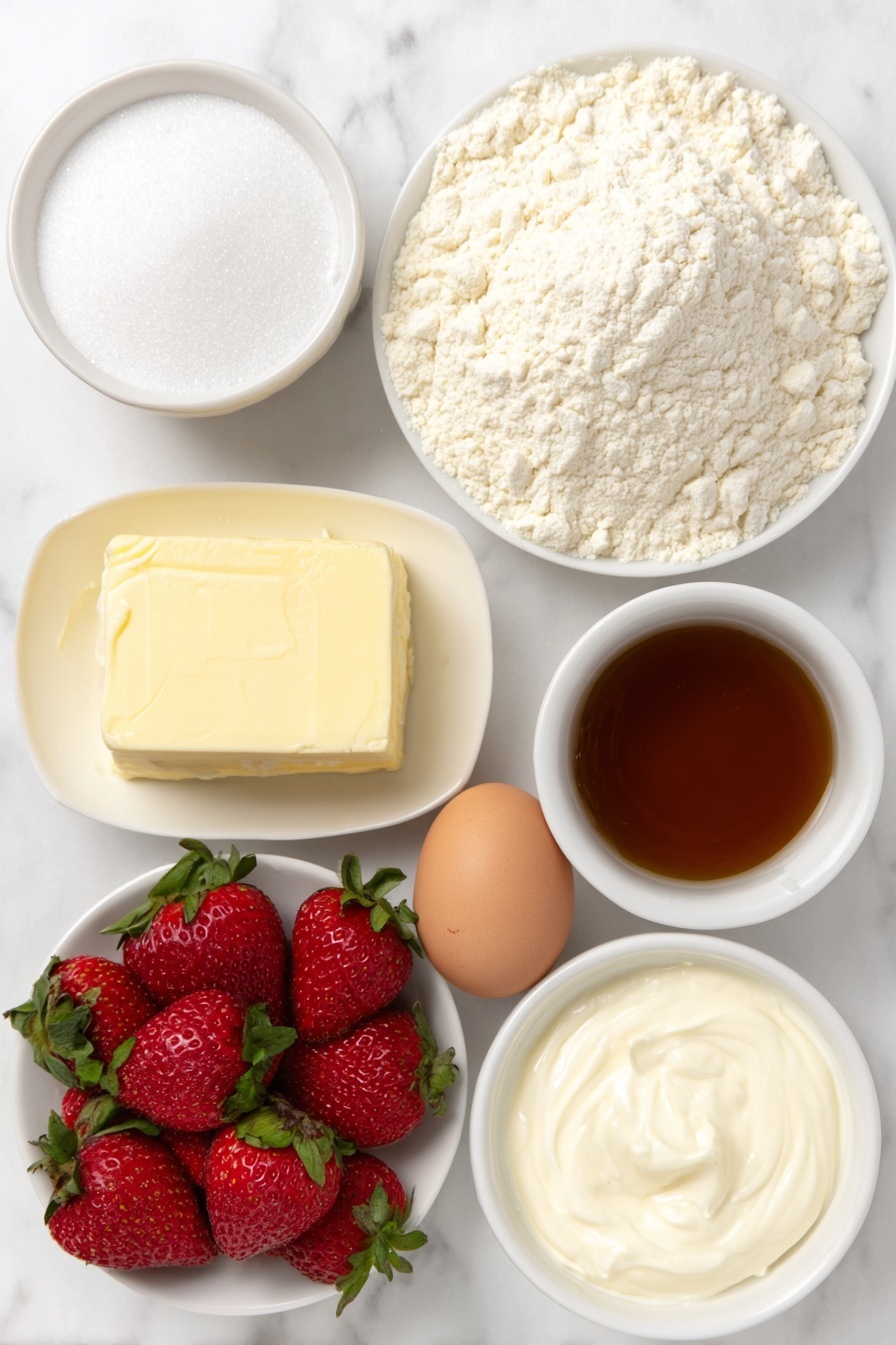 Flat lay of a small mound of all purpose flour, two teaspoons of baking powder in a small white ceramic bowl, half a teaspoon of salt in a small white ceramic bowl, a quarter cup of softened unsalted butter on a white ceramic plate, three quarters cup of granulated sugar in a small white ceramic bowl, one large whole uncracked brown egg, one teaspoon of vanilla extract in a small white ceramic bowl, half a cup of milk in a small white ceramic bowl, about ten fresh red strawberries with green leaves, two cups of powdered sugar in a small white ceramic bowl, two tablespoons of melted butter in a small white ceramic bowl, half a teaspoon of vanilla or almond extract in a small white ceramic bowl, one to two tablespoons of heavy cream in a small white ceramic bowl placed on a clean white marble surface, soft natural light, photo taken with an iPhone, professional food photography style, fresh ingredients, white ceramic bowls, no bottles, no duplicates, no utensils, no packaging --ar 2:3 --v 7 --p m7354615311229779997