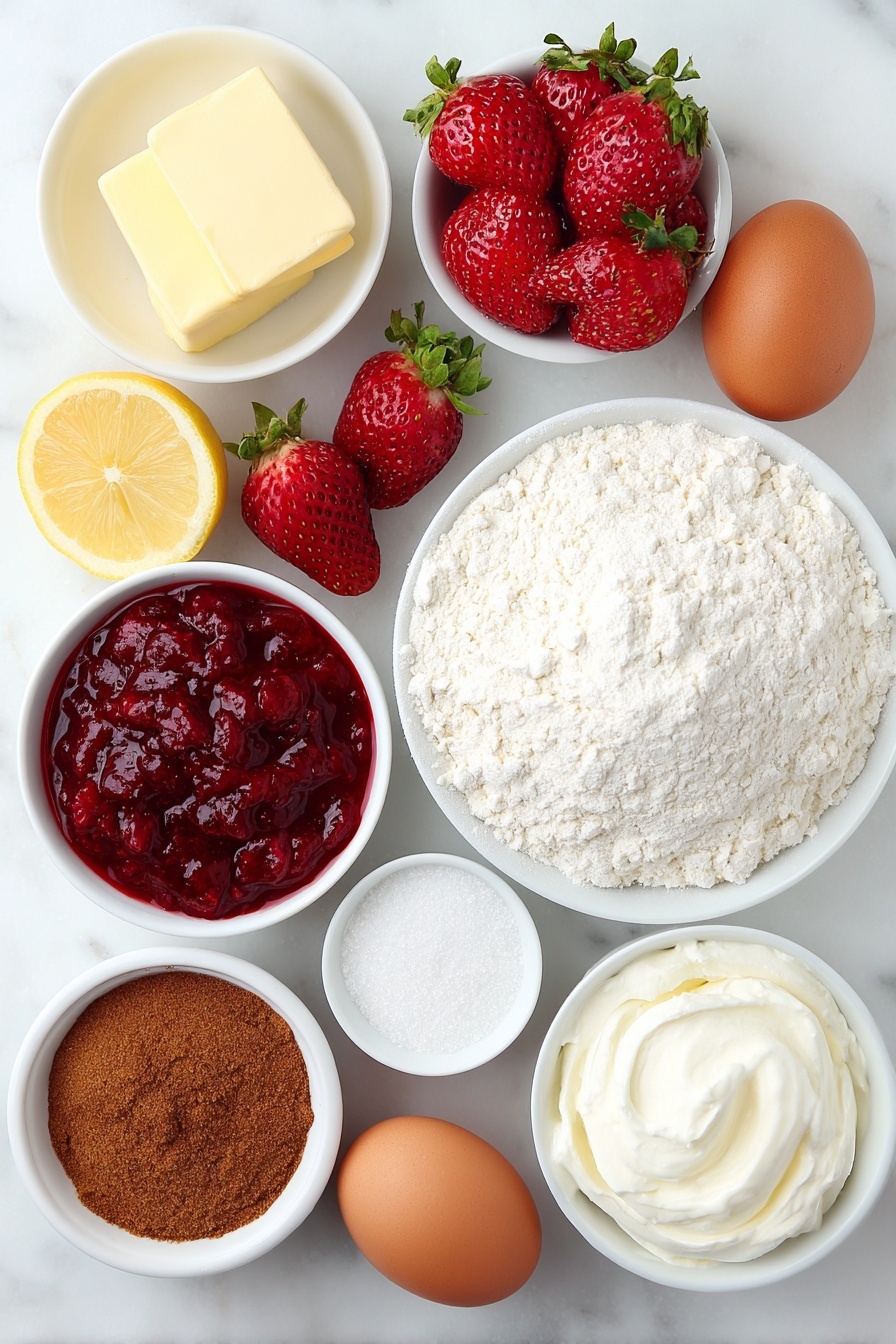 Flat lay of a small white ceramic bowl of fresh milk, a small white ceramic bowl with softened golden butter, a small white ceramic bowl filled with fine white all-purpose flour, one whole uncracked brown egg with a clean shell, a small white ceramic bowl of bright red strawberry compote, a small white ceramic bowl with warm brown ground cinnamon powder, a small white ceramic bowl of smooth white cream cheese, a small white ceramic bowl with fine white powdered sugar, a few bright fresh strawberries sliced in half, and a lemon with bright yellow zest, all arranged with perfect symmetry on a clean white marble surface, soft natural light, photo taken with an iPhone, professional food photography style, fresh ingredients, white ceramic bowls, no bottles, no duplicates, no utensils, no packaging --ar 2:3 --v 7 --p m7354615311229779997