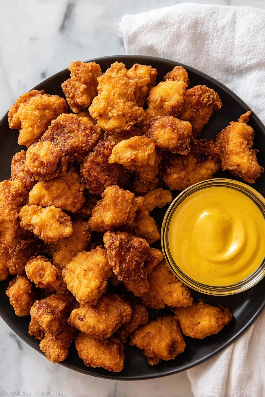 A white plate is filled with many pieces of crispy fried chicken nuggets that are golden brown and have a crunchy texture. On the right side of the plate, there is a small glass bowl filled with thick, yellow mustard sauce. The plate is placed on a white marbled surface with a white cloth napkin slightly visible in the upper right corner. The lighting highlights the rough texture of the chicken coating and the smooth surface of the sauce. Photo taken with an iphone --ar 2:3 --v 7