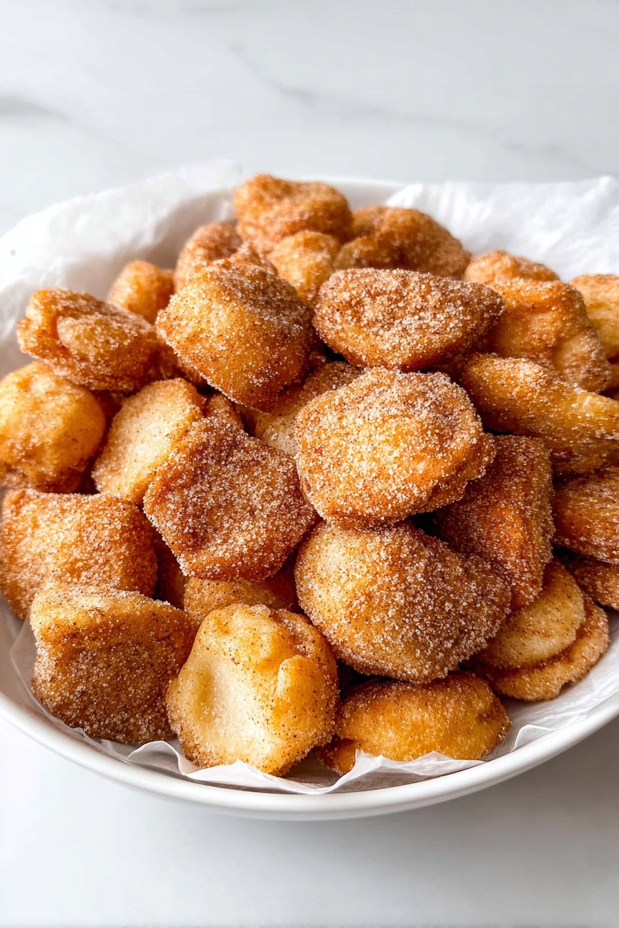 A white bowl filled with many small, golden-brown, fried dough pieces covered lightly with cinnamon sugar. The dough pieces vary in shape and size, some are round, some are square, all with a crispy, layered texture visible. They sit on white parchment paper inside the bowl. The background is a white marbled surface. photo taken with an iphone --ar 2:3 --v 7