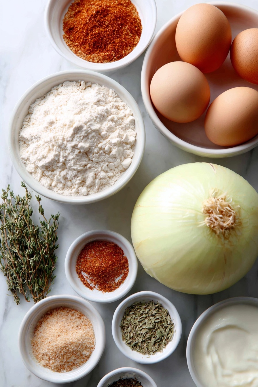 Flat lay of a large whole sweet Vidalia onion with smooth pale yellow skin, a small mound of all-purpose flour in a simple white ceramic bowl, a small white bowl filled with bright red paprika powder, a small white bowl containing coarse kosher salt crystals, a small white bowl with dried green oregano leaves, a small white bowl holding ground cayenne pepper with a deep red hue, a small white bowl of warm brown ground cumin, a small white bowl with light beige garlic powder, a small white bowl showing freshly ground black pepper specks, two whole clean large eggs with smooth brown shells placed side by side, and a small white bowl filled with creamy buttermilk placed neatly, all arranged with perfect symmetry and balanced proportions, placed on a clean white marble surface, soft natural light, photo taken with an iPhone, professional food photography style, fresh ingredients, white ceramic bowls, no bottles, no duplicates, no utensils, no packaging --ar 2:3 --v 7 --p m7354615311229779997