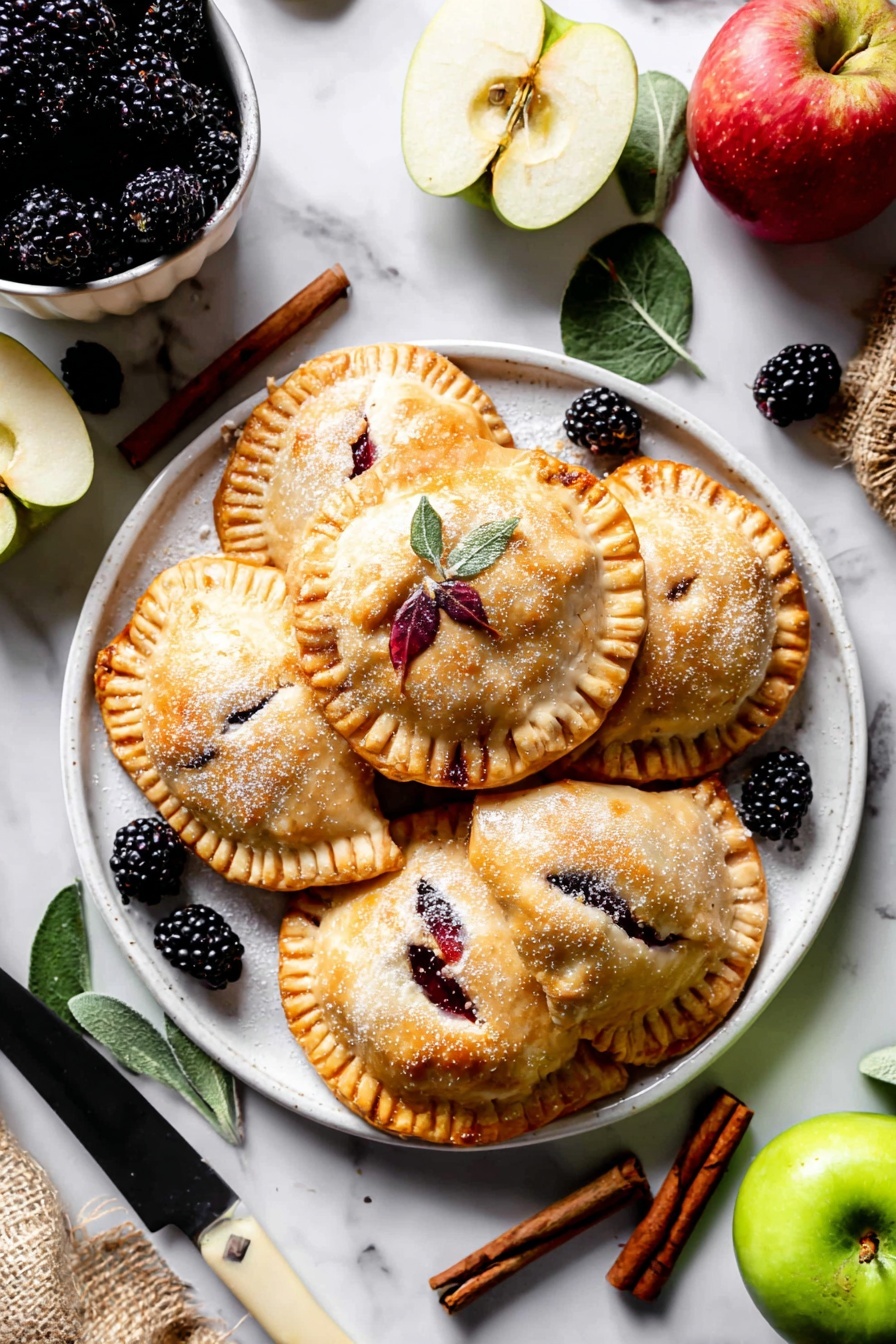 The image shows five golden brown hand pies shaped like apples, stacked on a white round plate. Each pie has a glossy, slightly crimped crust with sugar sprinkled on top and small decorative pastry leaves attached. Red filling leaks out from small vents on the top of each pie. The plate is placed on a white marbled surface scattered with blackberries, cinnamon sticks, green apple peels, and whole apples with leaves. On the left, there is a white bowl filled with blackberries and a knife with a black blade and cream handle resting on the surface nearby. photo taken with an iphone --ar 2:3 --v 7