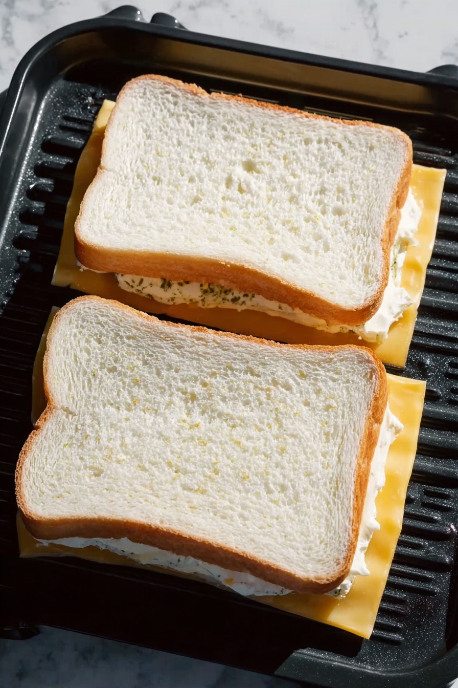 The image shows two white plates each holding one slice of toasted bread. Each toast slice has one thick layer of melted cheese spread evenly on top, with some small browned spots scattered across the surface. The bread edges are golden brown and crisp, and the cheese texture looks smooth and slightly bubbly. The plates are placed on a white marbled surface with a white cloth partly visible underneath. Photo taken with an iphone --ar 2:3 --v 7